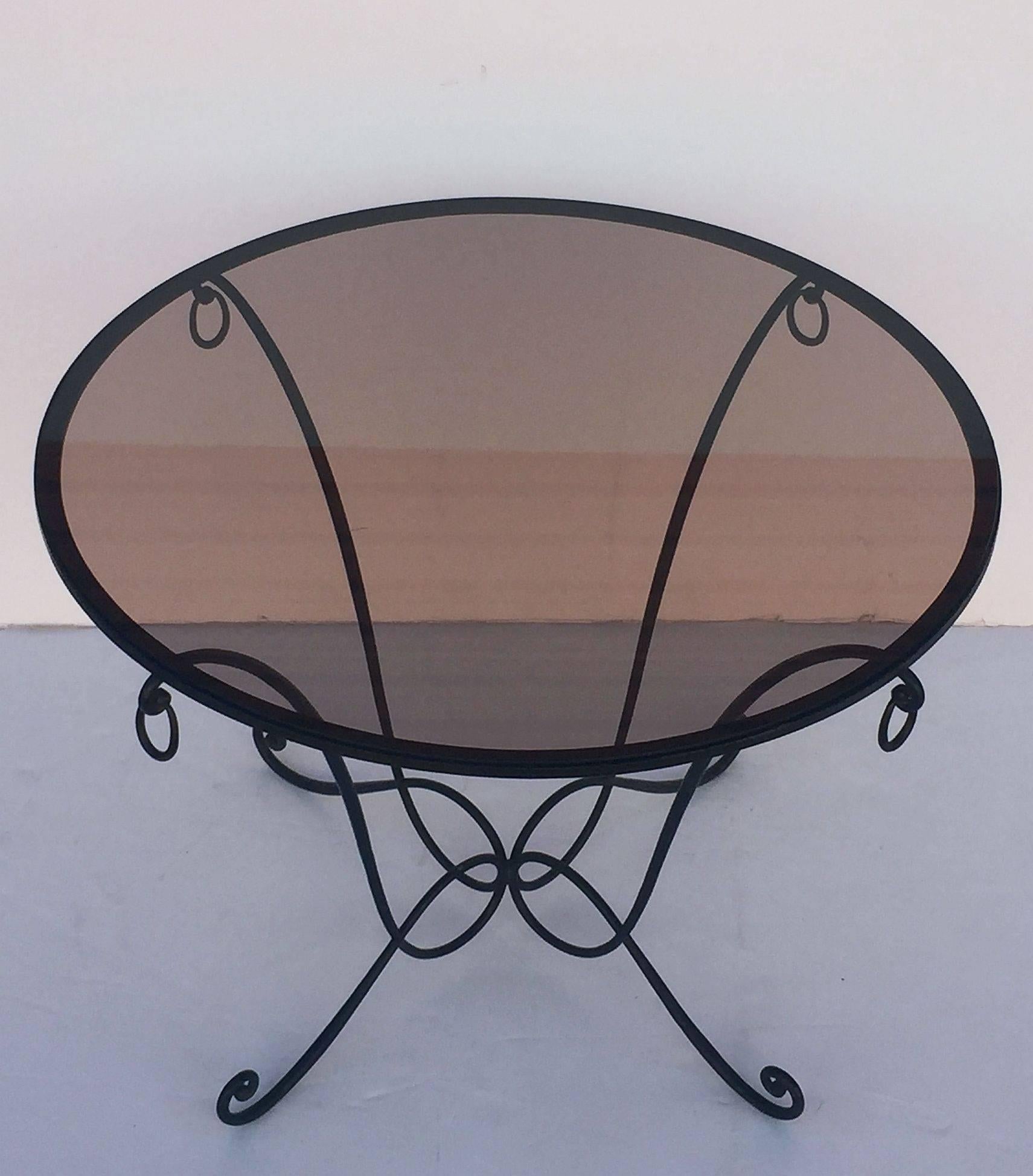 Metal French Round Table of Wrought Iron and Smoked Glass