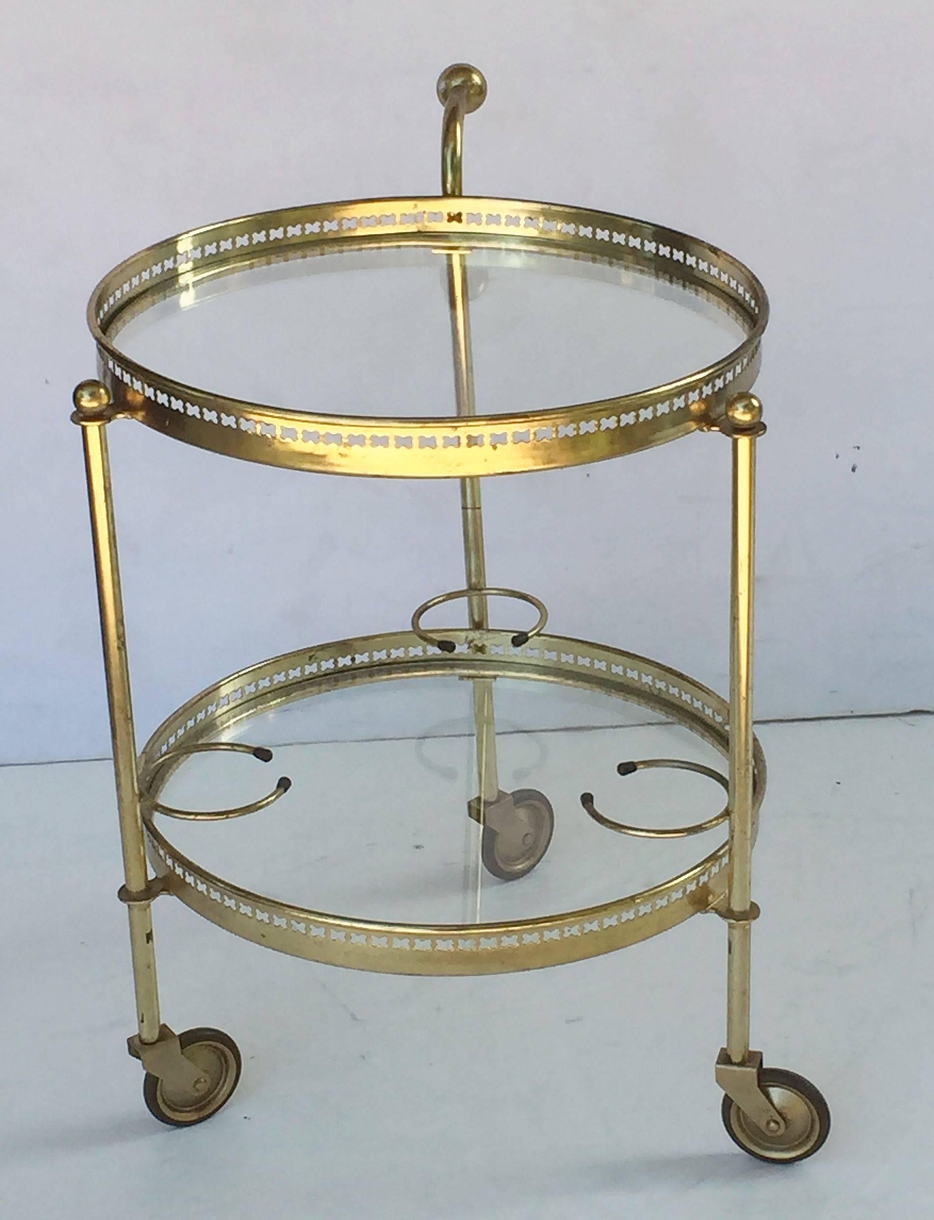 French Round Drinks Cart of Brass and Glass In Good Condition In Austin, TX