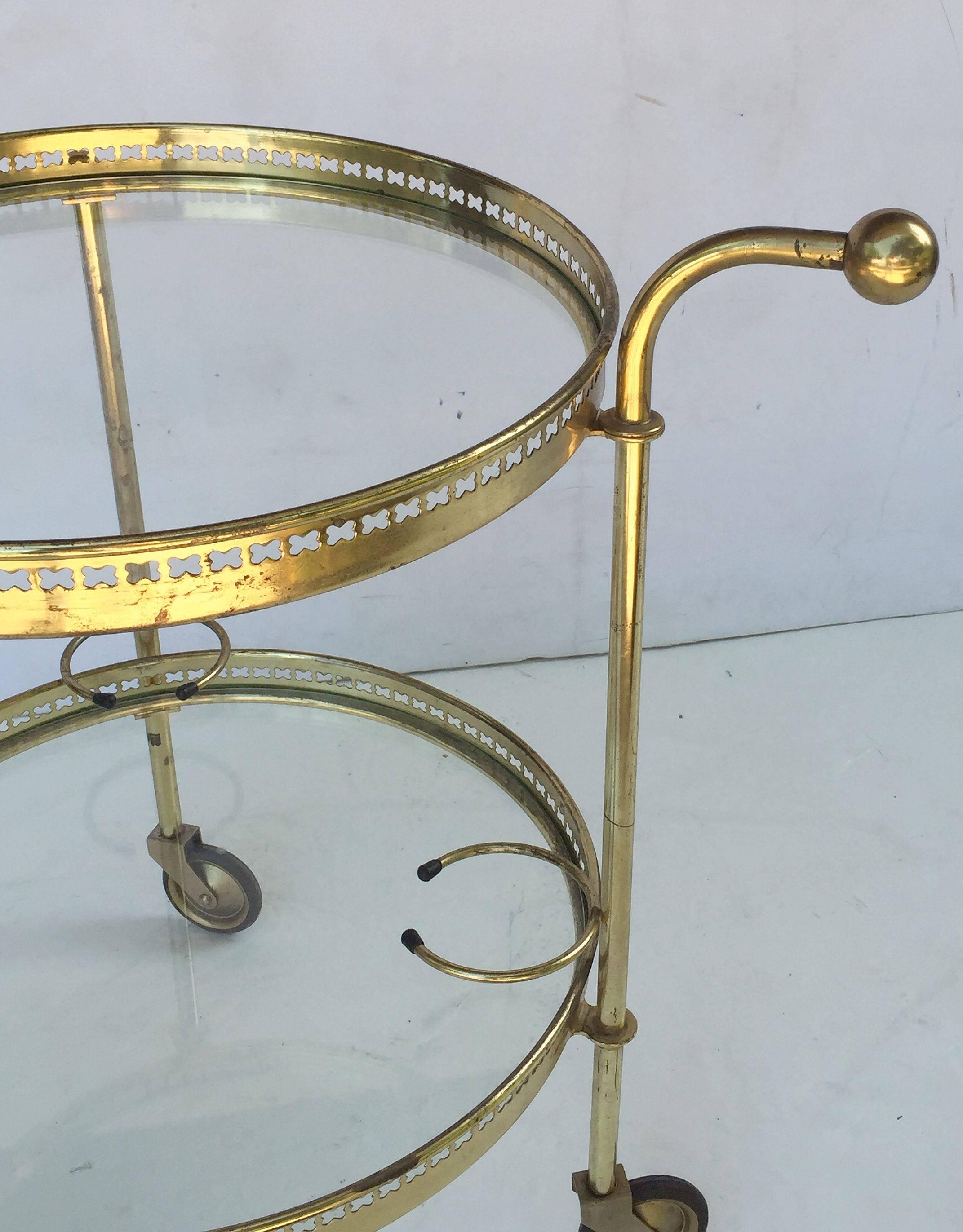 20th Century French Round Drinks Cart of Brass and Glass