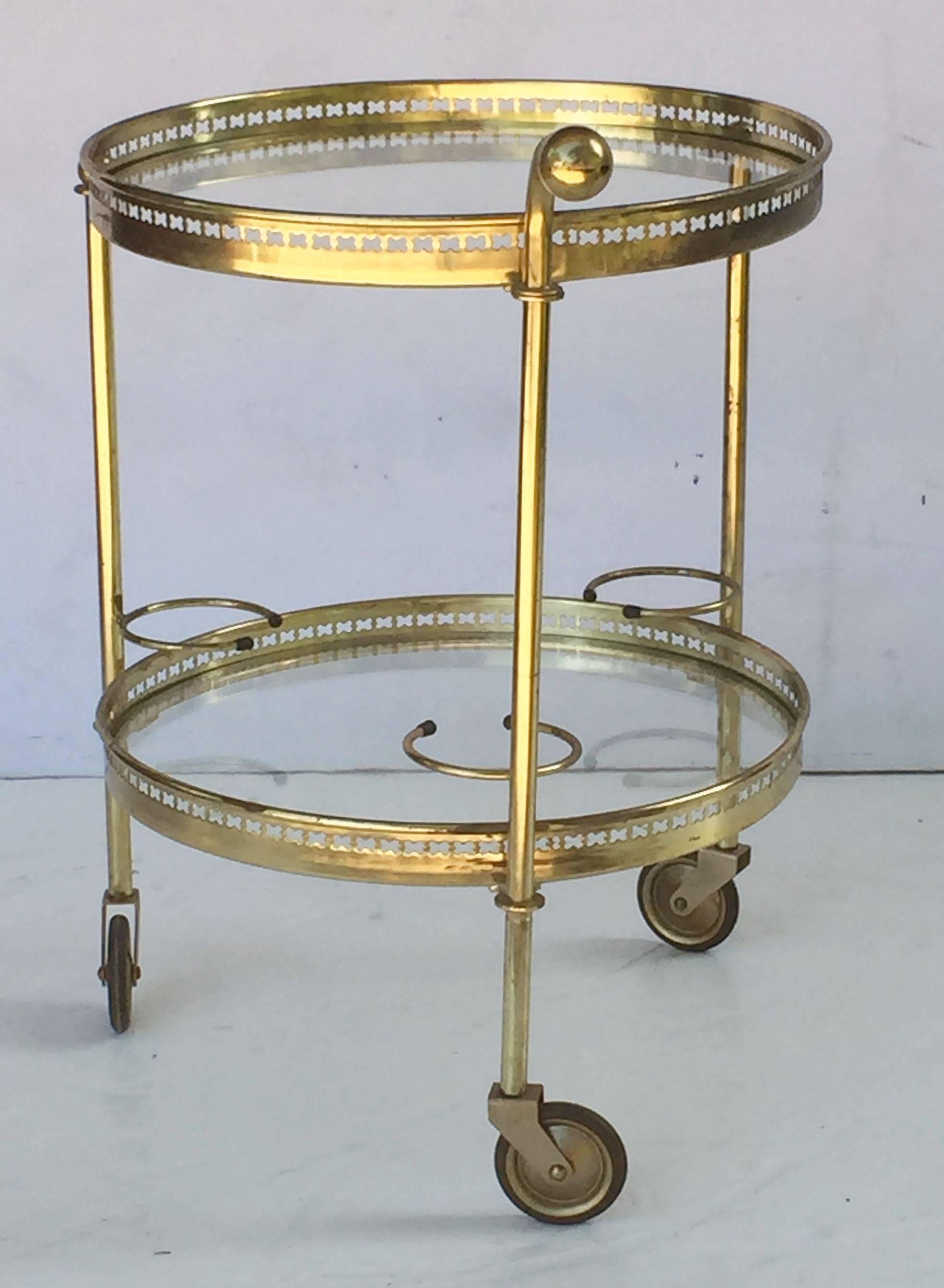 Rubber French Round Drinks Cart of Brass and Glass