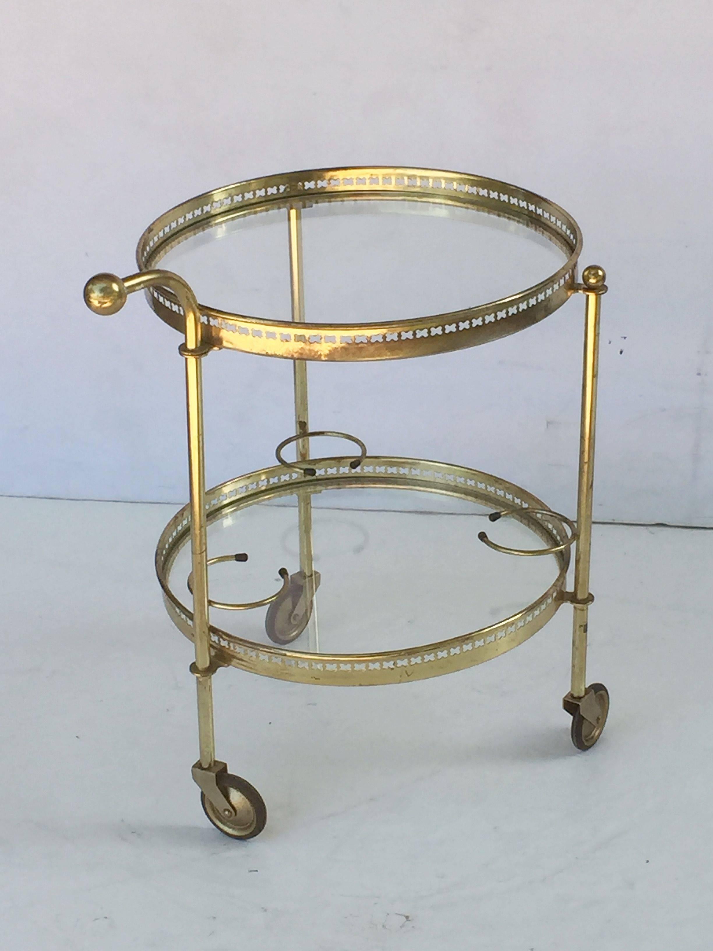 French Round Drinks Cart of Brass and Glass 1