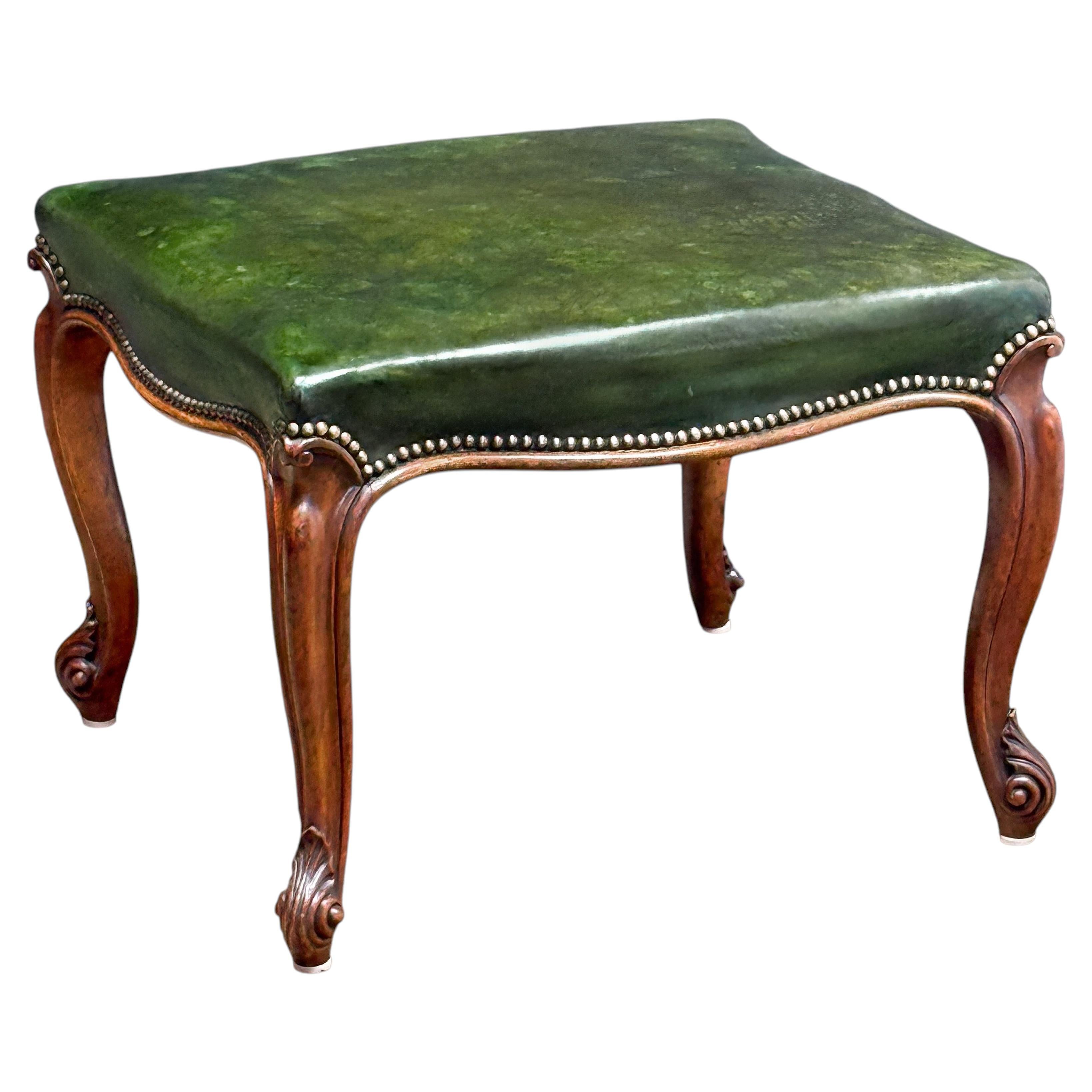 French Ottoman or Stool of Emerald Green Leather on Cabriole Legs