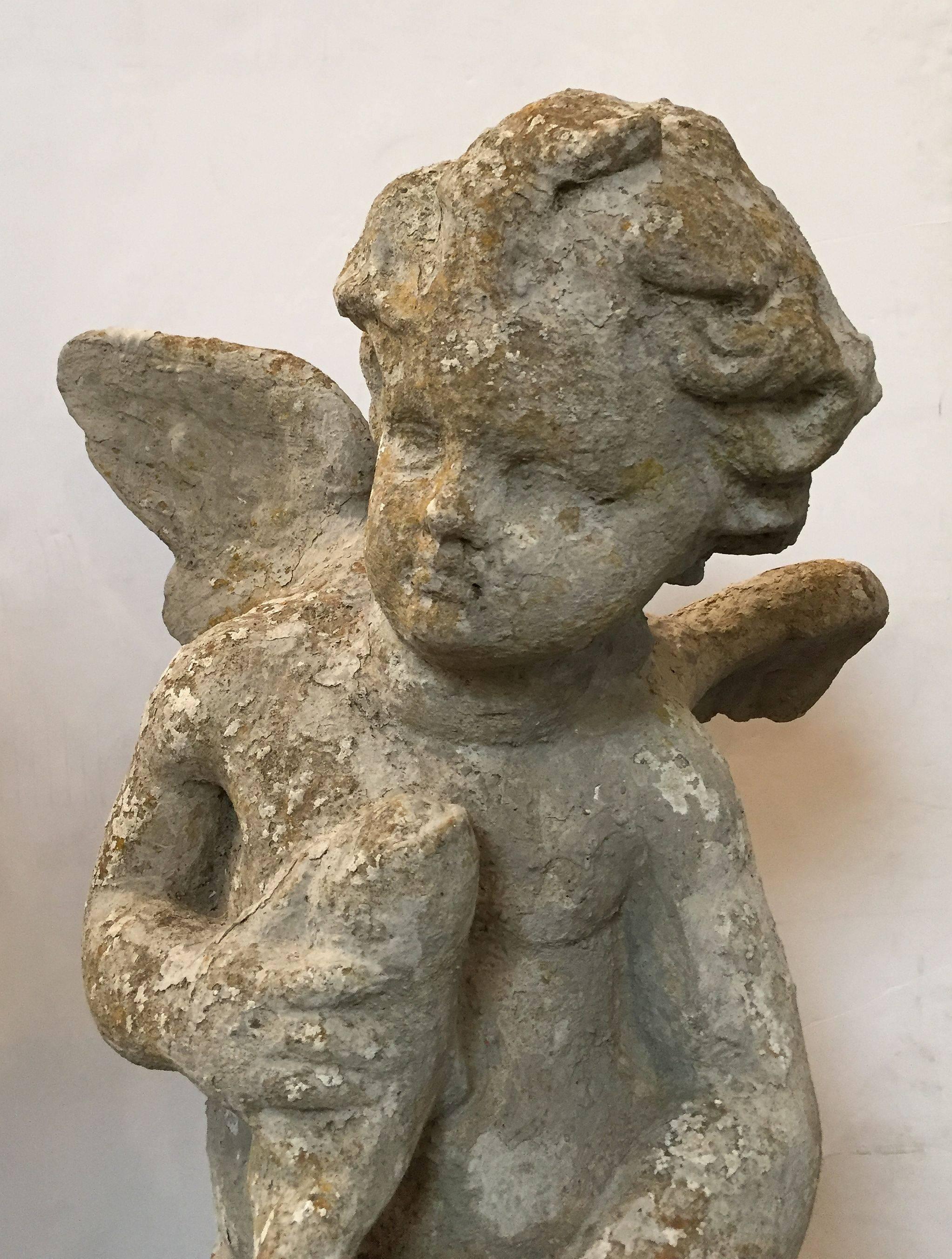 Large English Garden Stone Winged Angel on Plinth 1