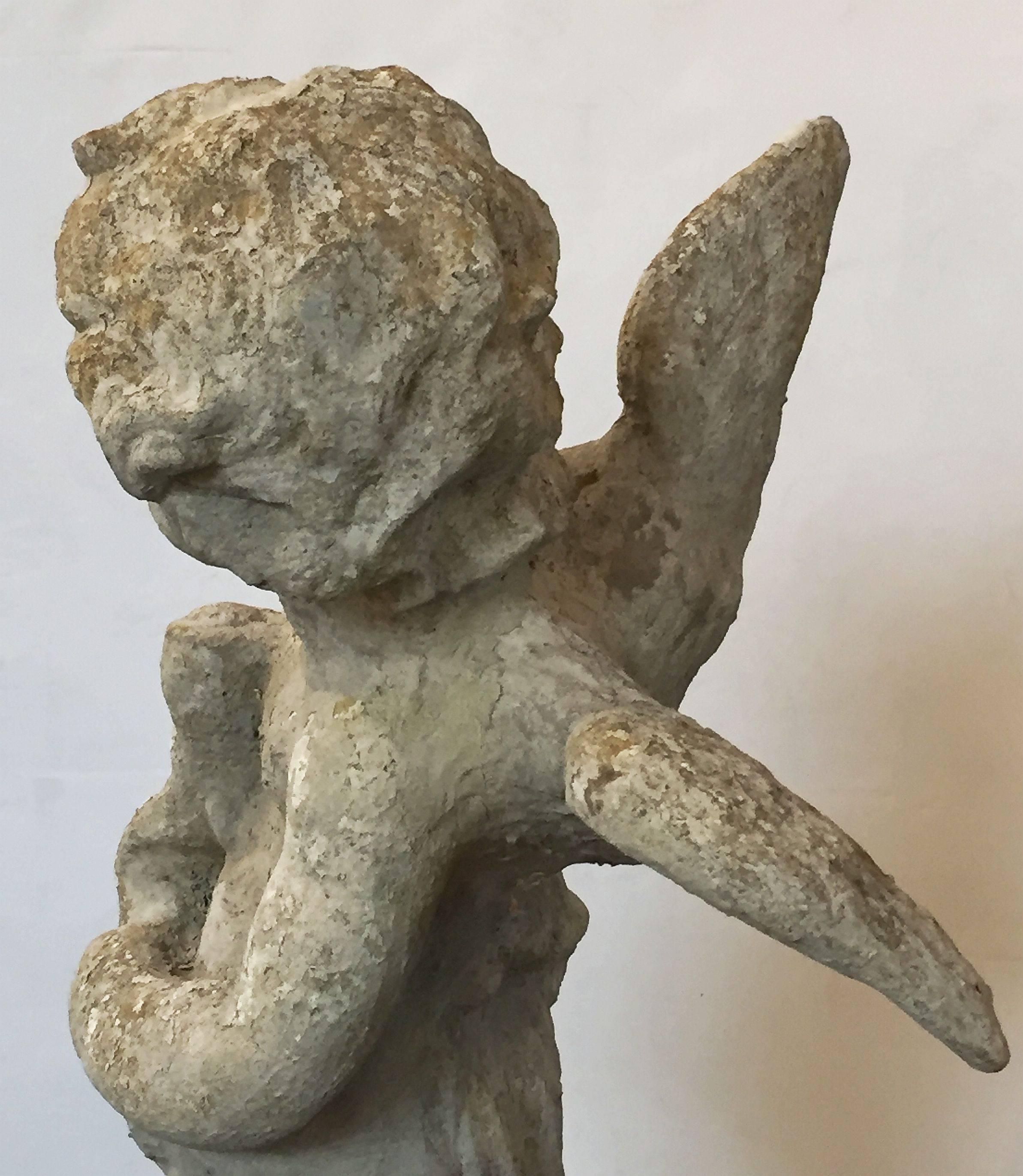 Large English Garden Stone Winged Angel on Plinth 2