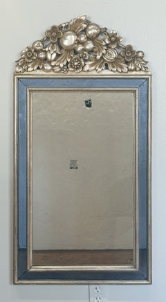 French Art Deco Silver-Gilt Mirror with Blue Glass Border Frame