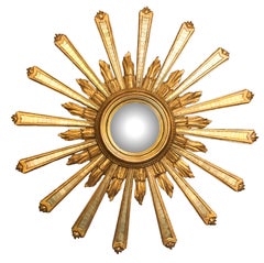 Espejo convexo italiano con efecto «sunburst» o «starburst» y marco dorado (diámetro 35)