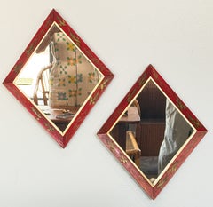 English Diamond Shaped Mirror with Red Lacquer Chinoiserie Frame (Two Available)