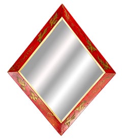 English Diamond Shaped Mirror with Red Lacquer Chinoiserie Frame (Two Available)