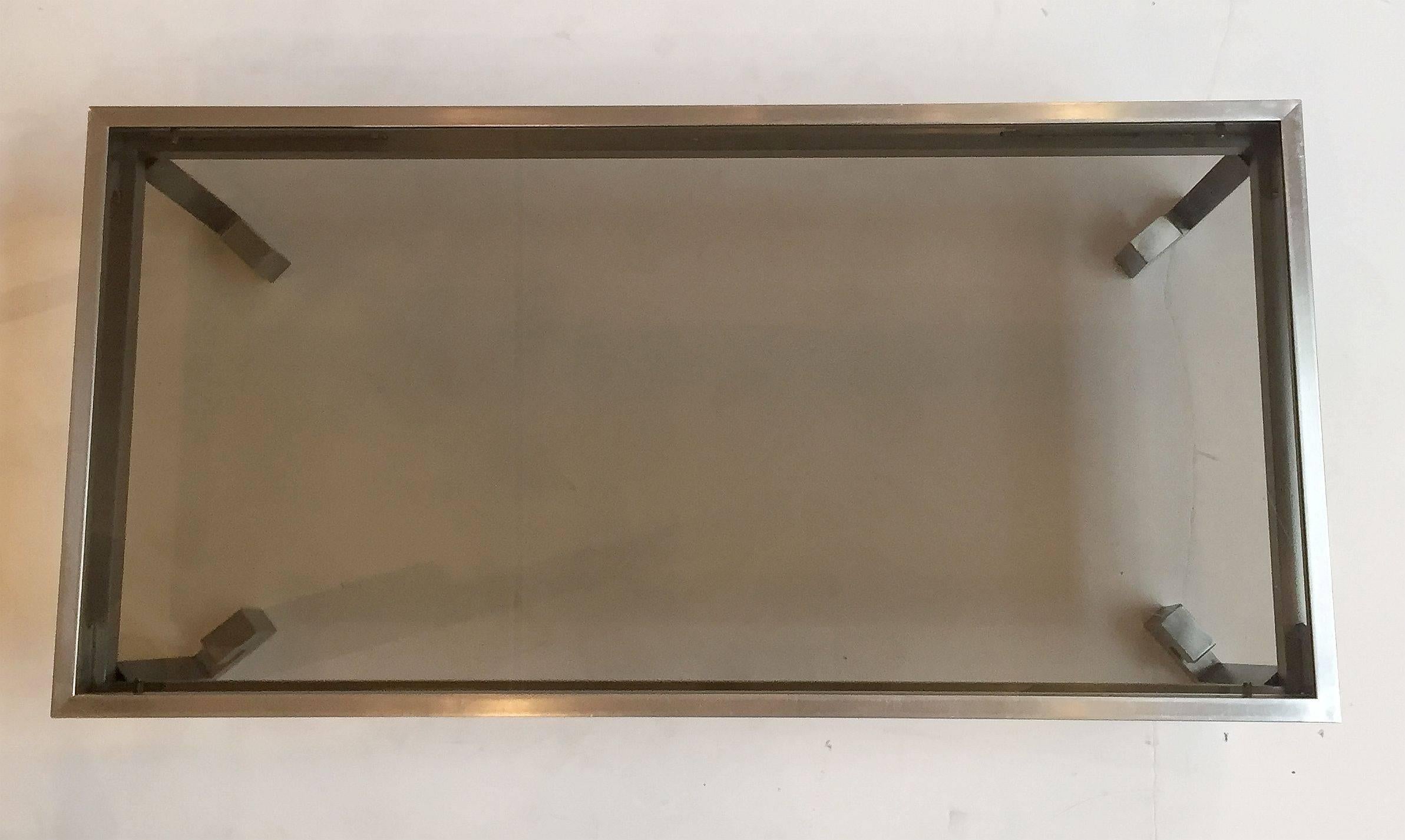 Large French Low Cocktail or Table of Brushed Steel and Smoked Glass, Greek Key For Sale 1