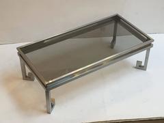 Large French Low Cocktail Table of Brushed Steel and Smoked Glass, Greek Key