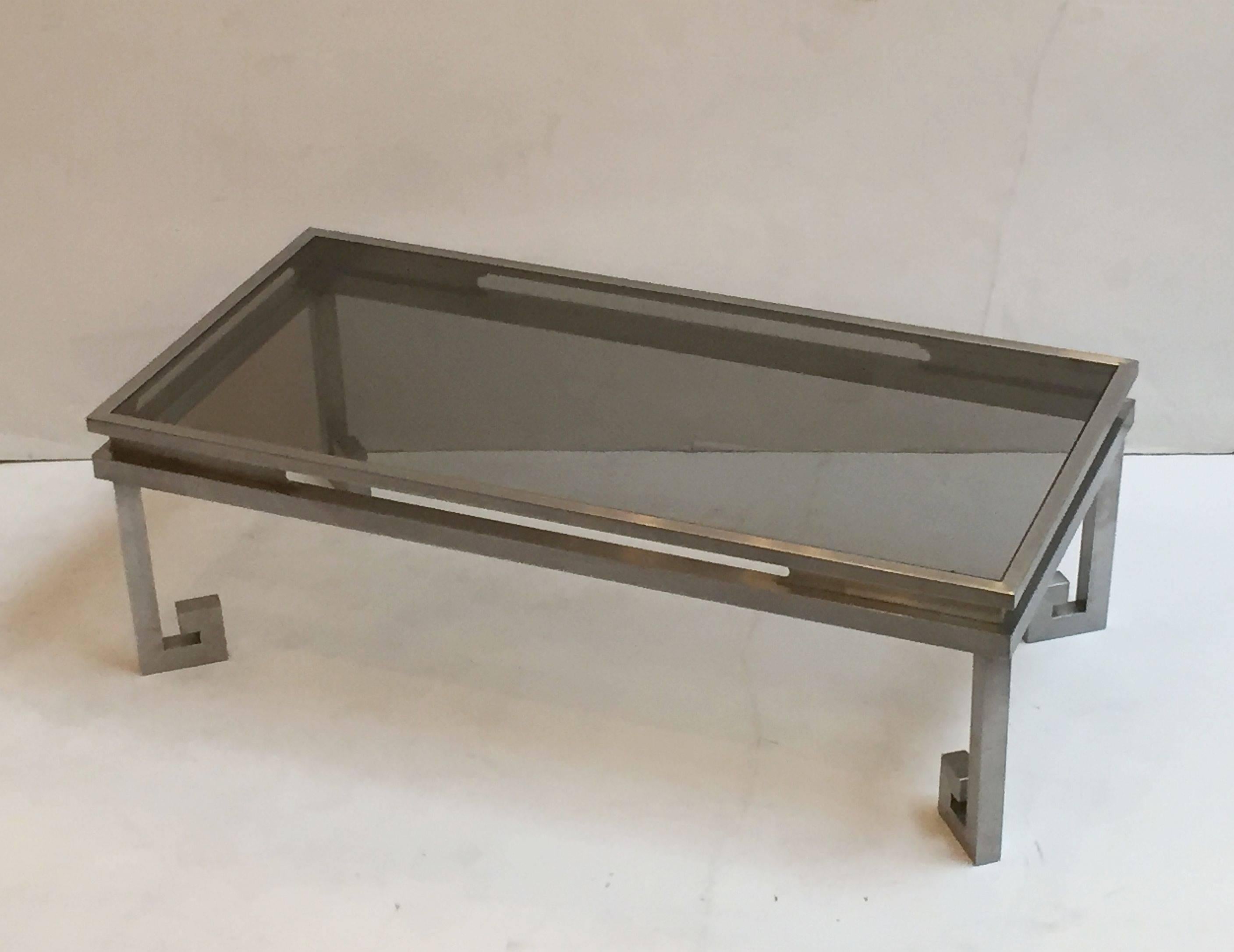 20th Century Large French Low Cocktail or Table of Brushed Steel and Smoked Glass, Greek Key For Sale