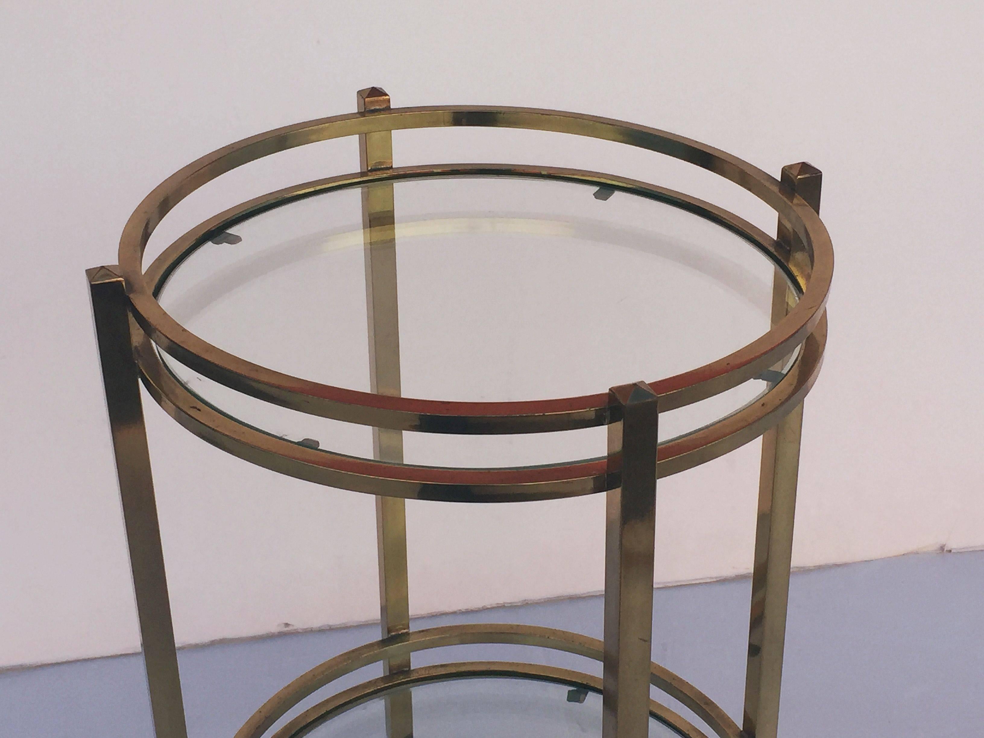 20th Century French Two-Tiered Round Table of Brass and Glass on Rolling Casters