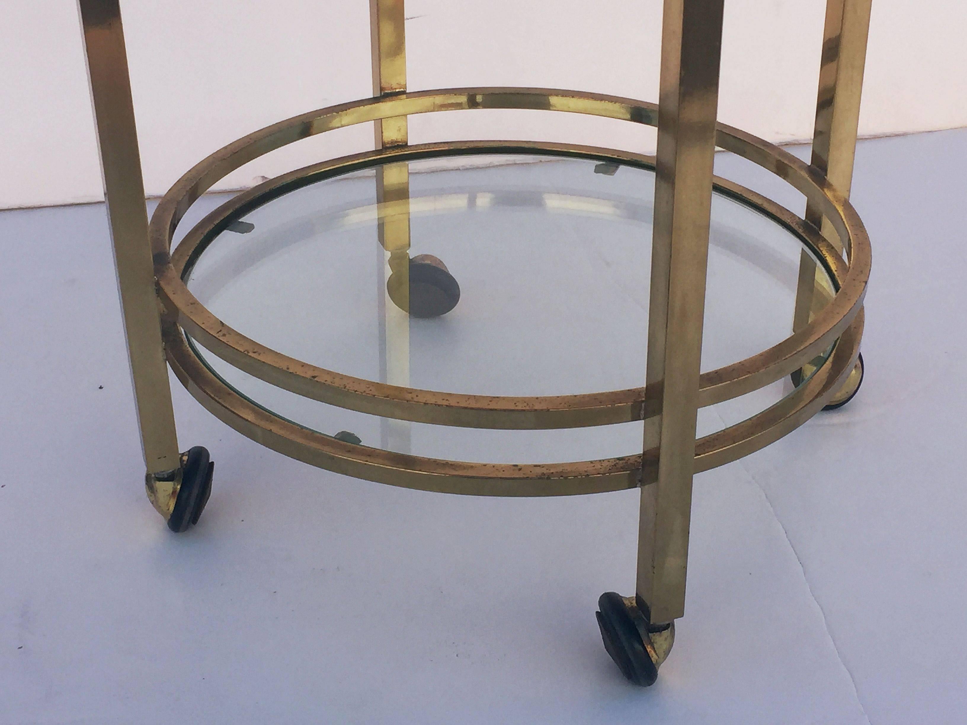 French Two-Tiered Round Table of Brass and Glass on Rolling Casters 3
