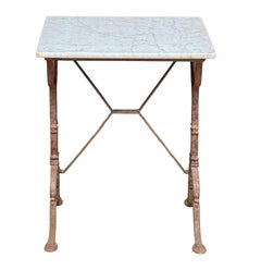 French Bistro Table with Figured White Marble Top and Cast Iron Base