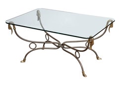 French Mid-Century Coffee or Low Table with Wrought Iron Base and Glass Top