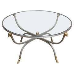 French Mid-Century Round Coffee or Low Table with Steel Base and Glass Top