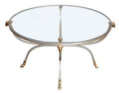 French Mid-Century Round Coffee or Low Table with Steel Base and Glass Top