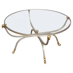 French Mid-Century Round Coffee or Low Table with Steel Base and Glass Top