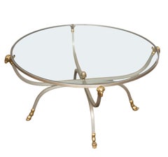 French Mid-Century Round Coffee or Low Table with Steel Base and Glass Top