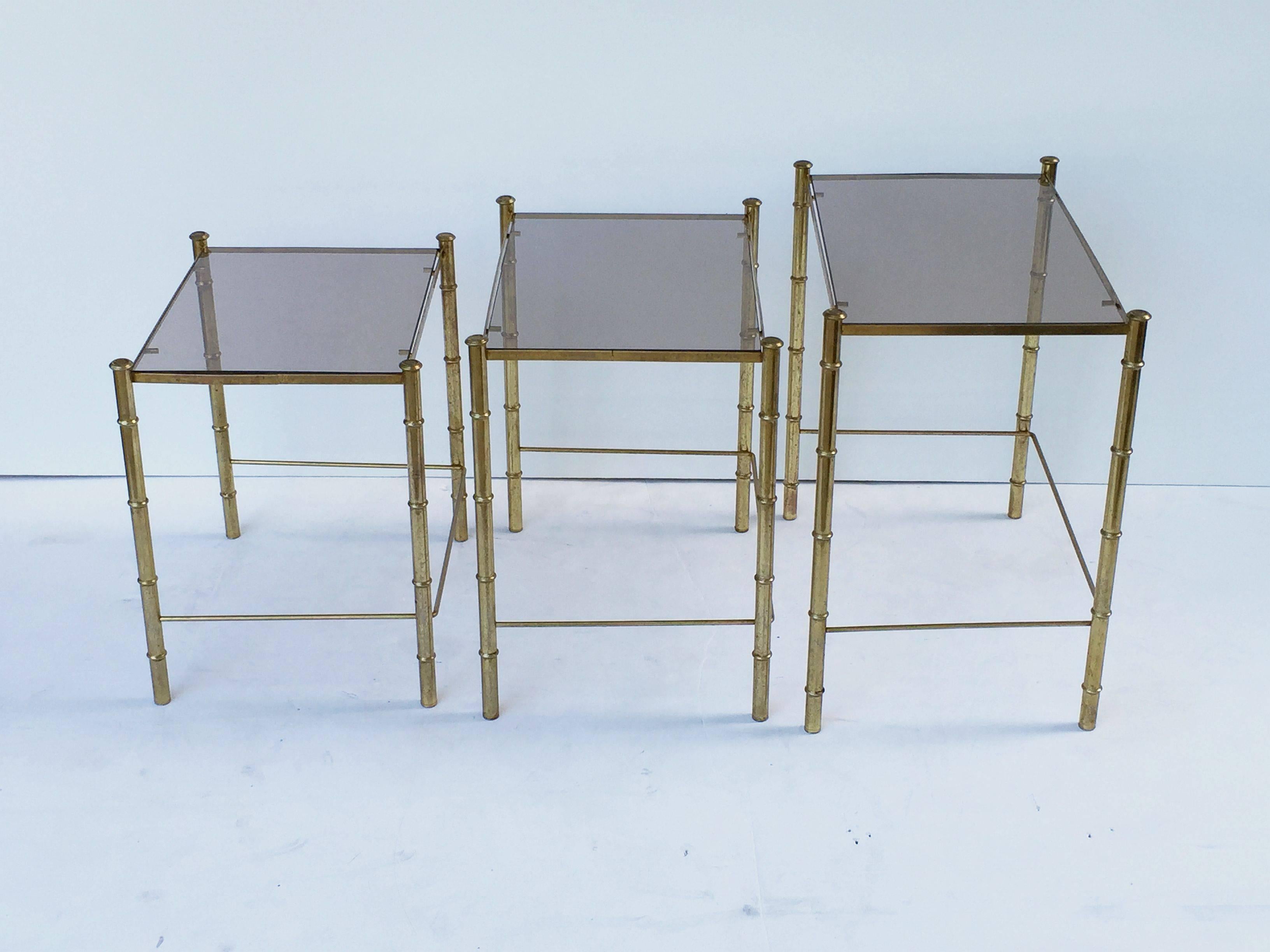 French Nesting Low Tables of Gilt Metal and Glass In Good Condition In Austin, TX