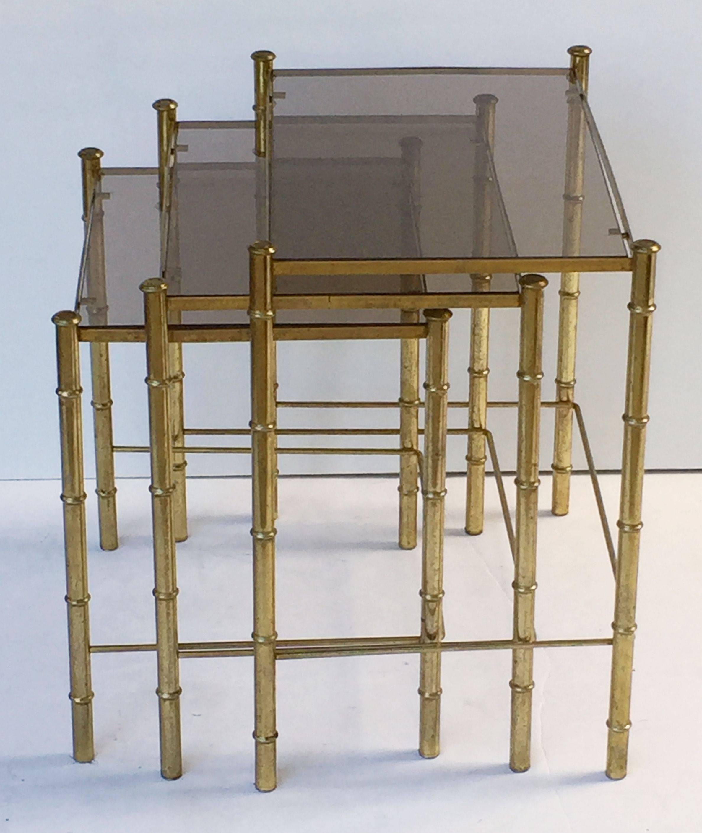 20th Century French Nesting Low Tables of Gilt Metal and Glass