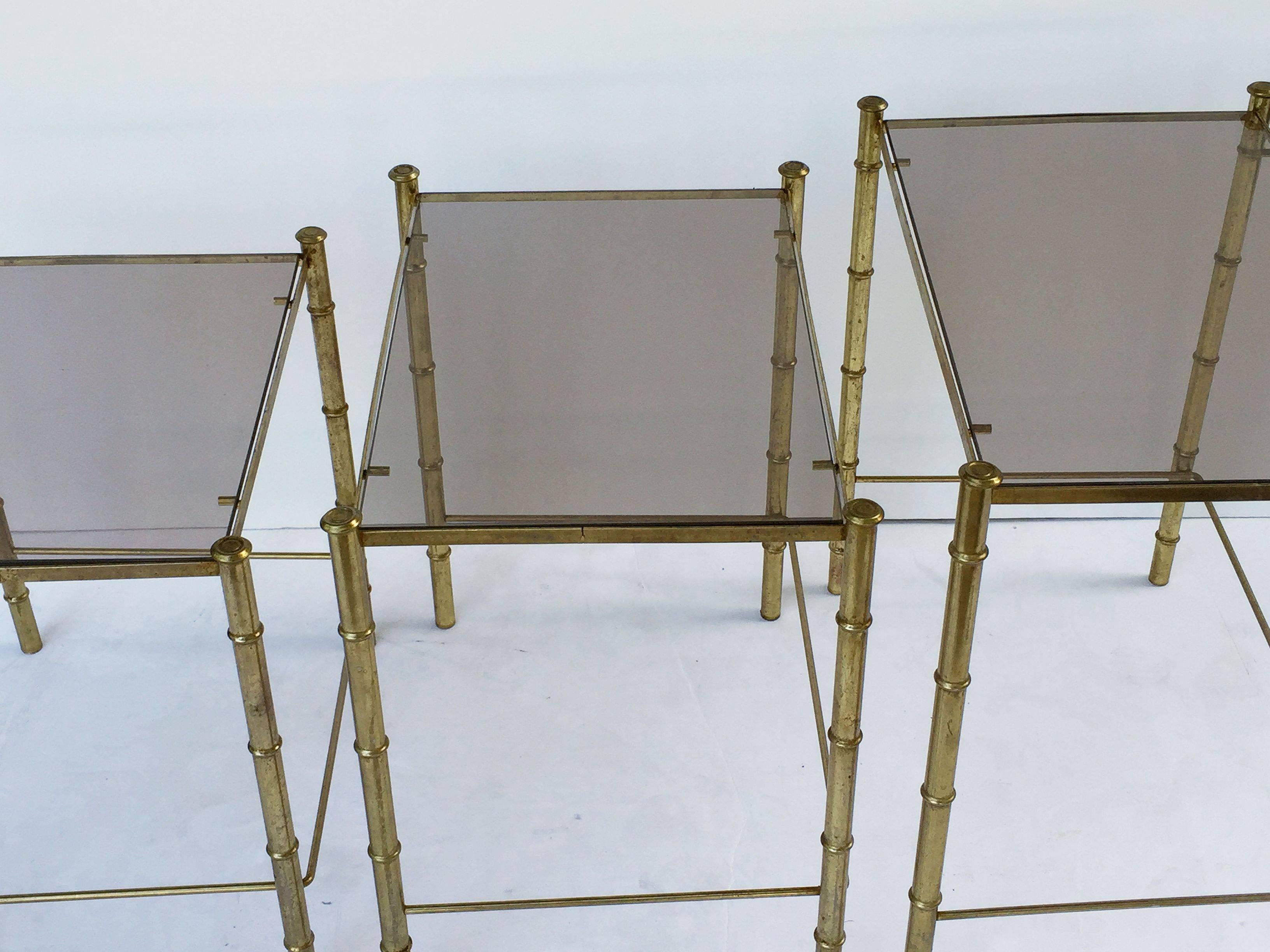 French Nesting Low Tables of Gilt Metal and Glass 4