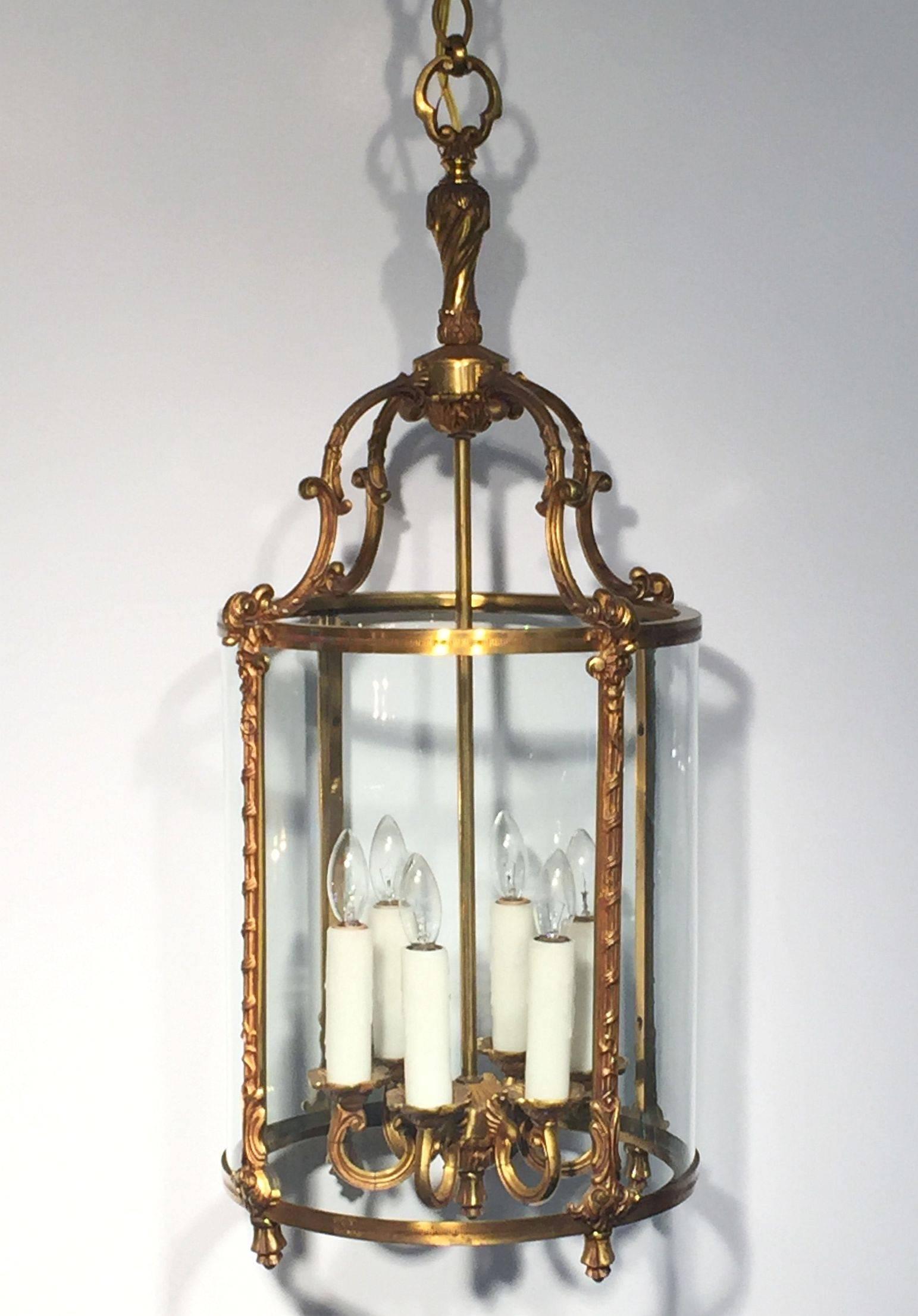 Large French Six-Light Hanging Lantern of Gilt Metal and Glass (13 1/2 Diameter) In Good Condition In Austin, TX