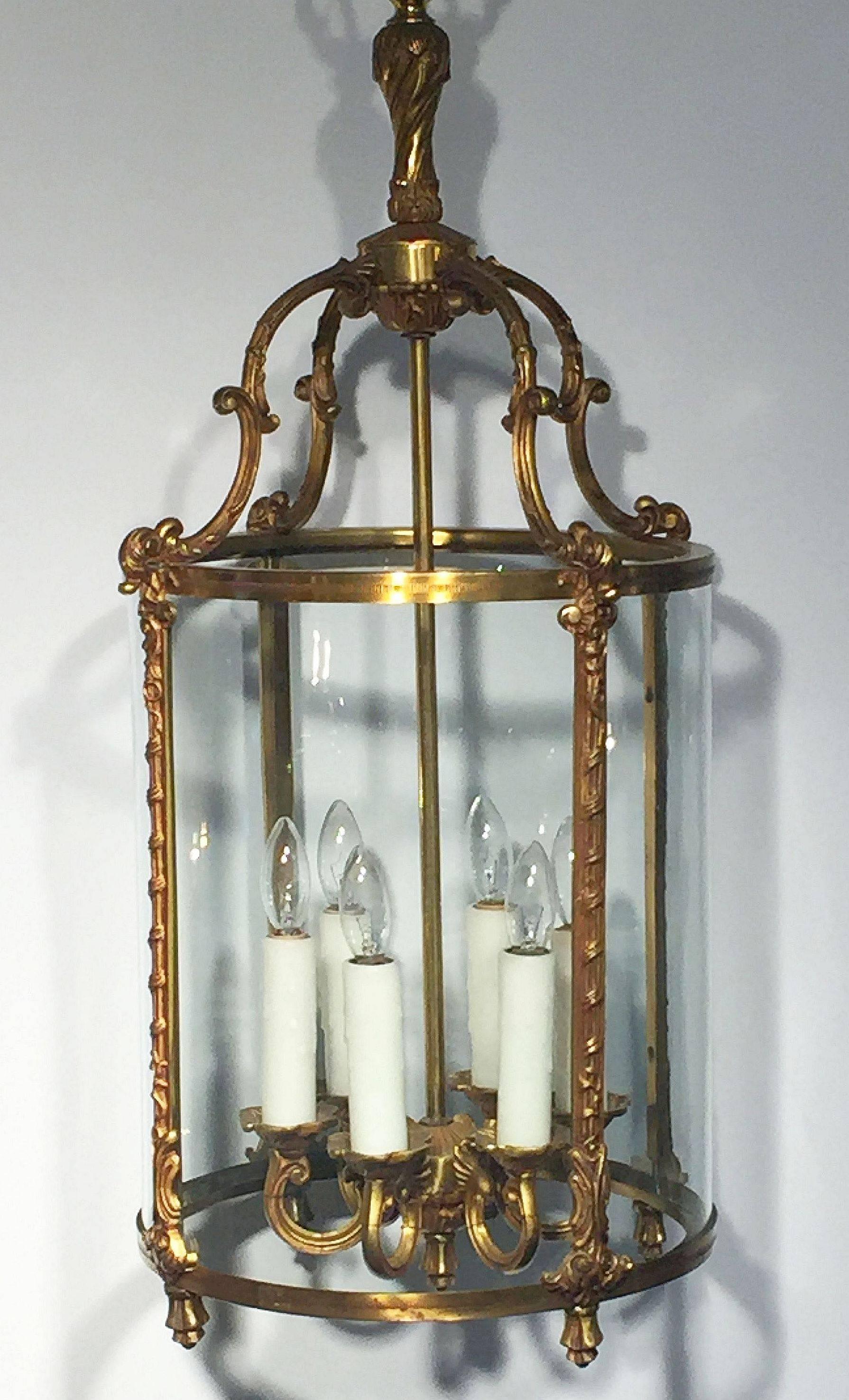 Large French Six-Light Hanging Lantern of Gilt Metal and Glass (13 1/2 Diameter) 2