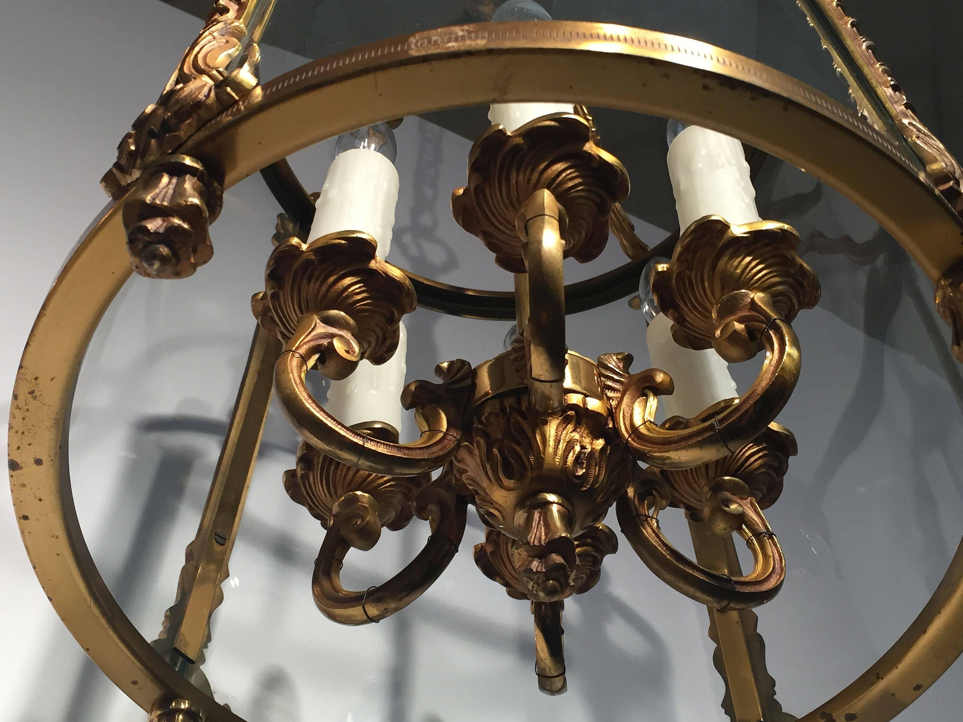 Large French Six-Light Hanging Lantern of Gilt Metal and Glass (13 1/2 Diameter) 6