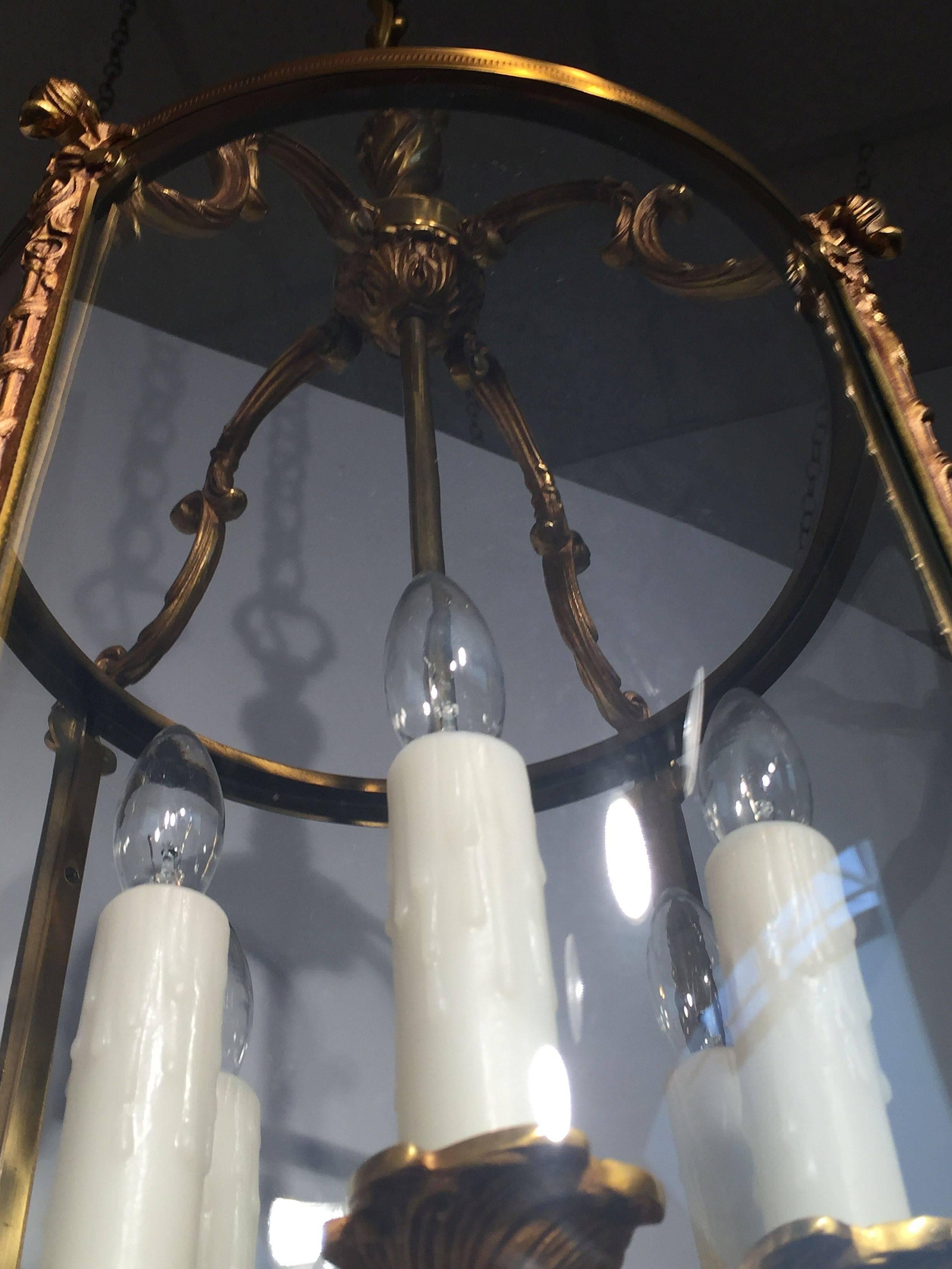 Large French Six-Light Hanging Lantern of Gilt Metal and Glass (13 1/2 Diameter) 1