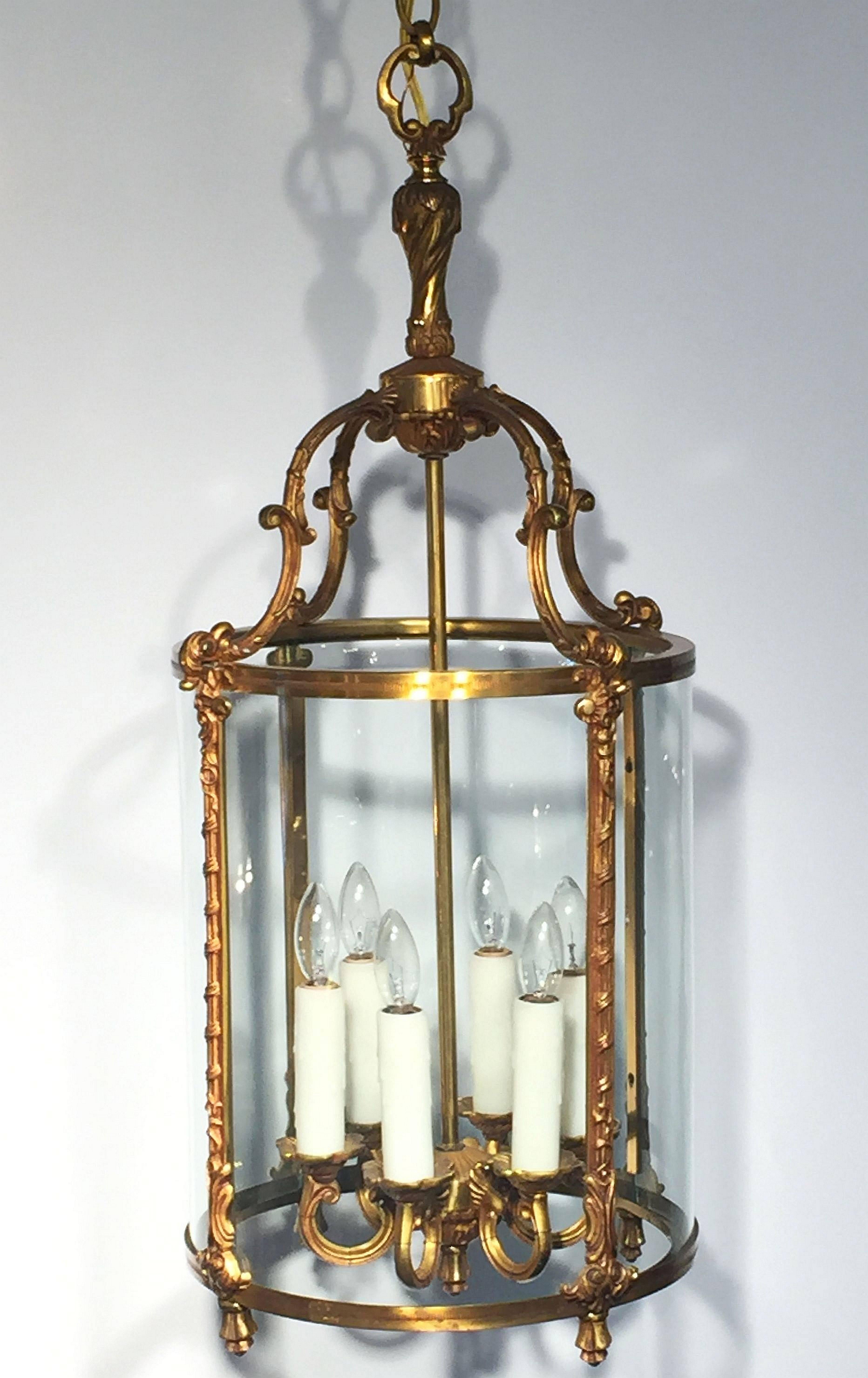 Large French Six-Light Hanging Lantern of Gilt Metal and Glass (13 1/2 Diameter) 5
