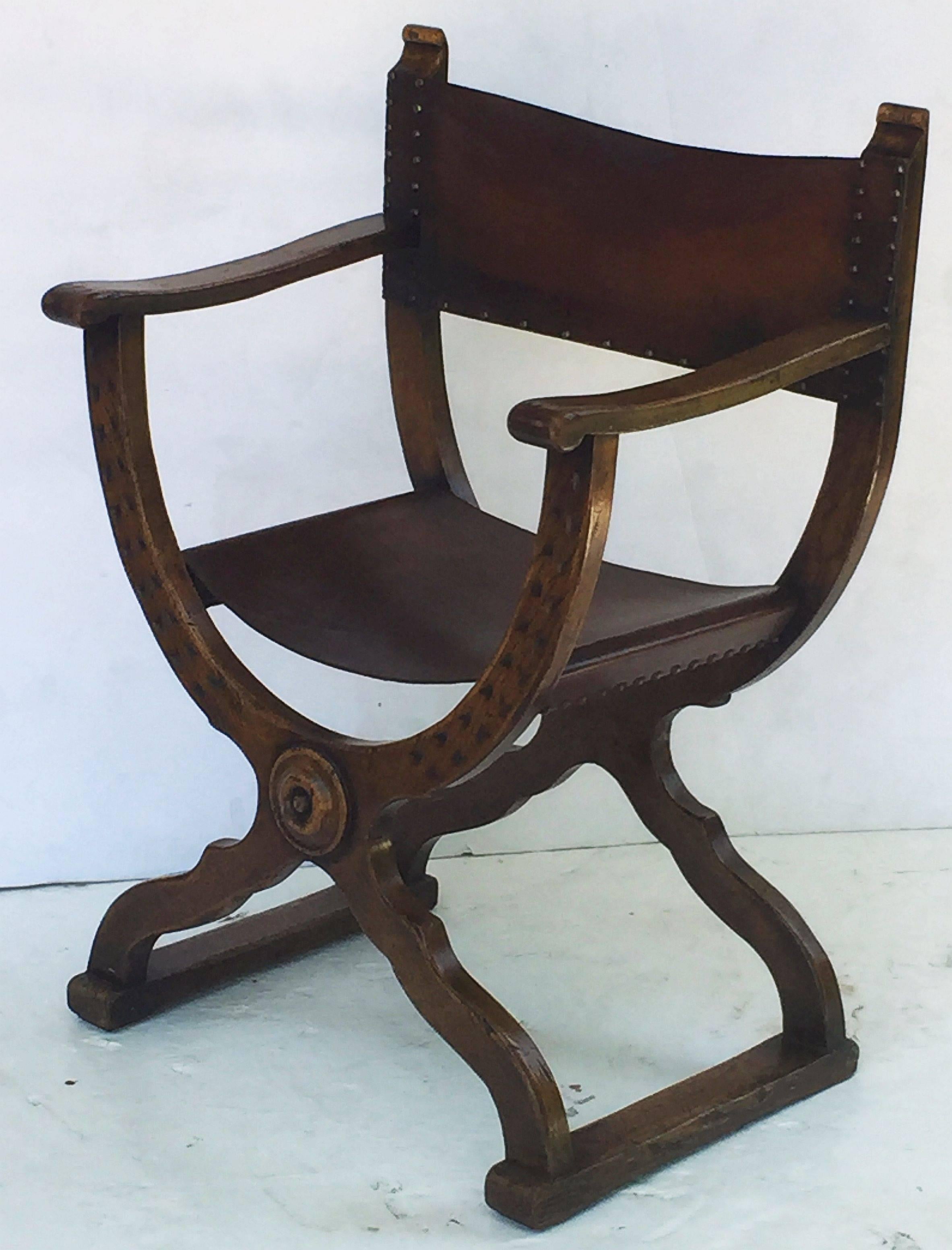 European French Savonarola Armchair with Leather Back and Seat