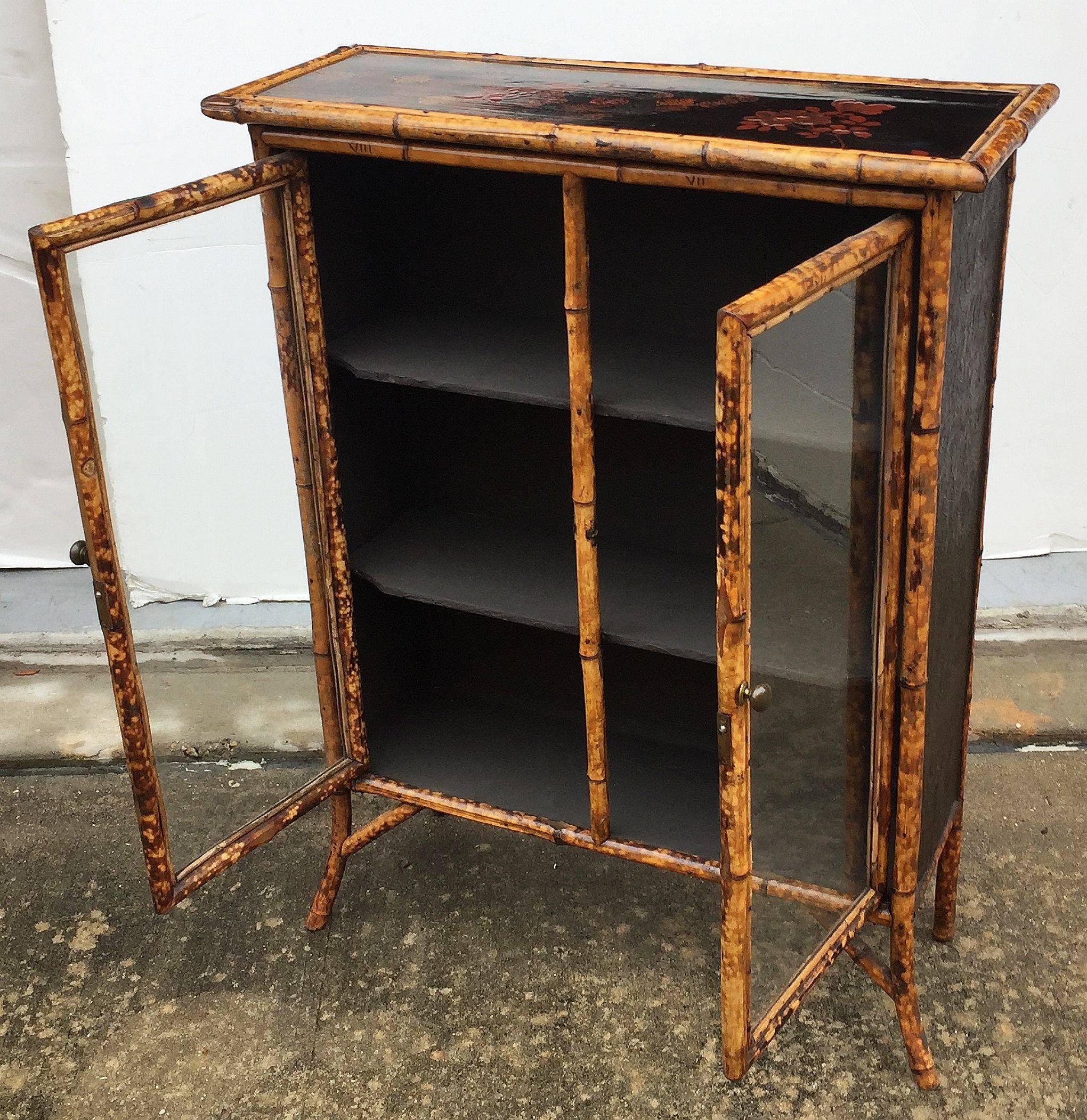 19th Century English Bamboo and Lacquer Cabinet Bookcase with Two Glass Doors