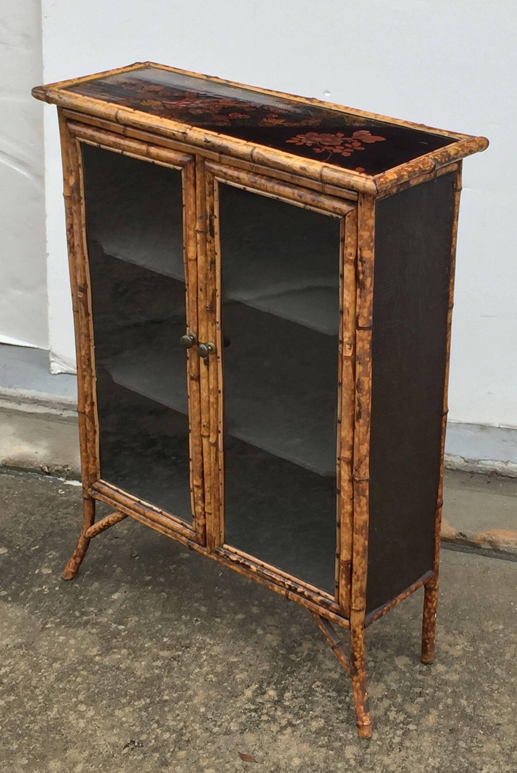 Brass English Bamboo and Lacquer Cabinet Bookcase with Two Glass Doors