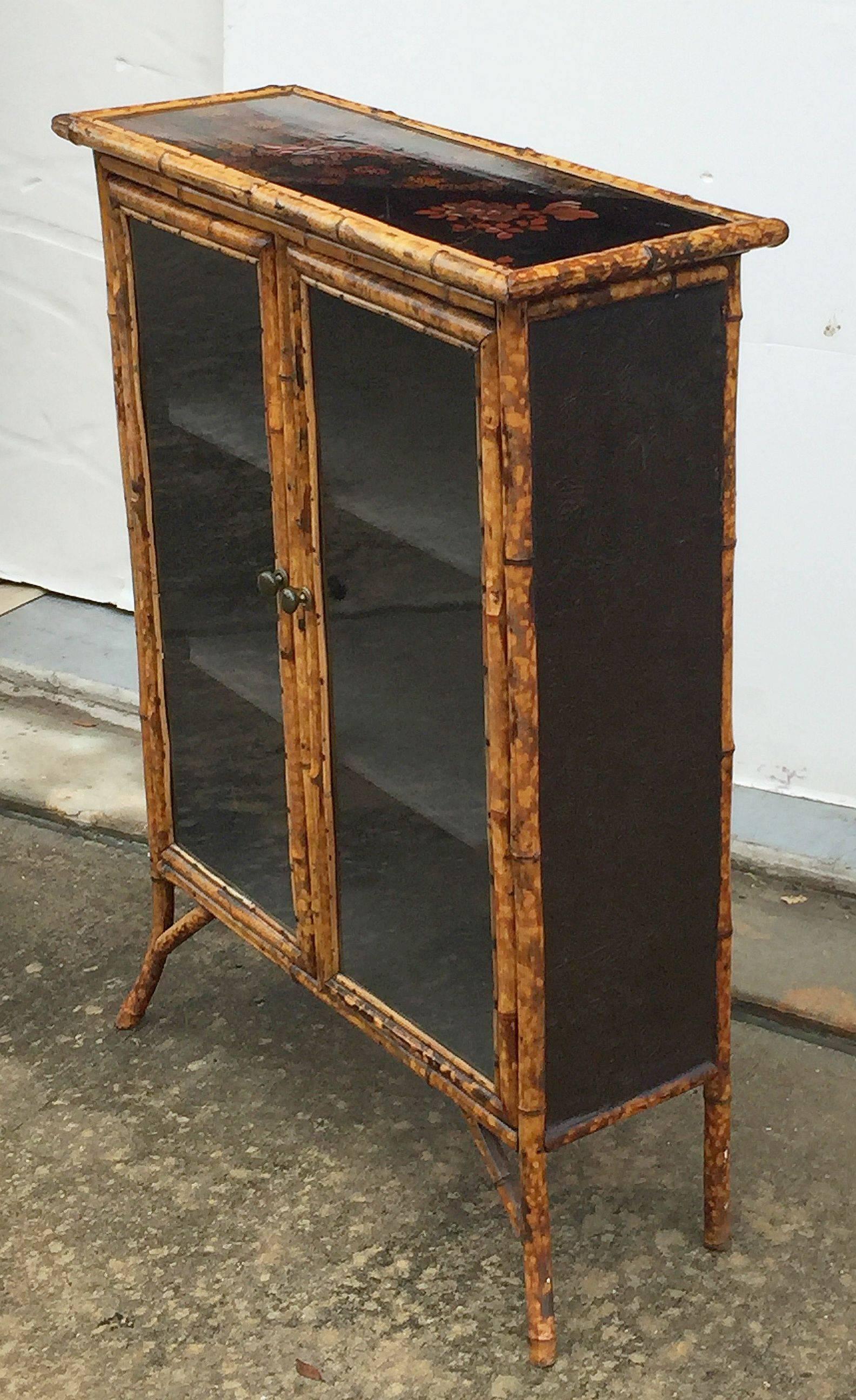 English Bamboo and Lacquer Cabinet Bookcase with Two Glass Doors 1
