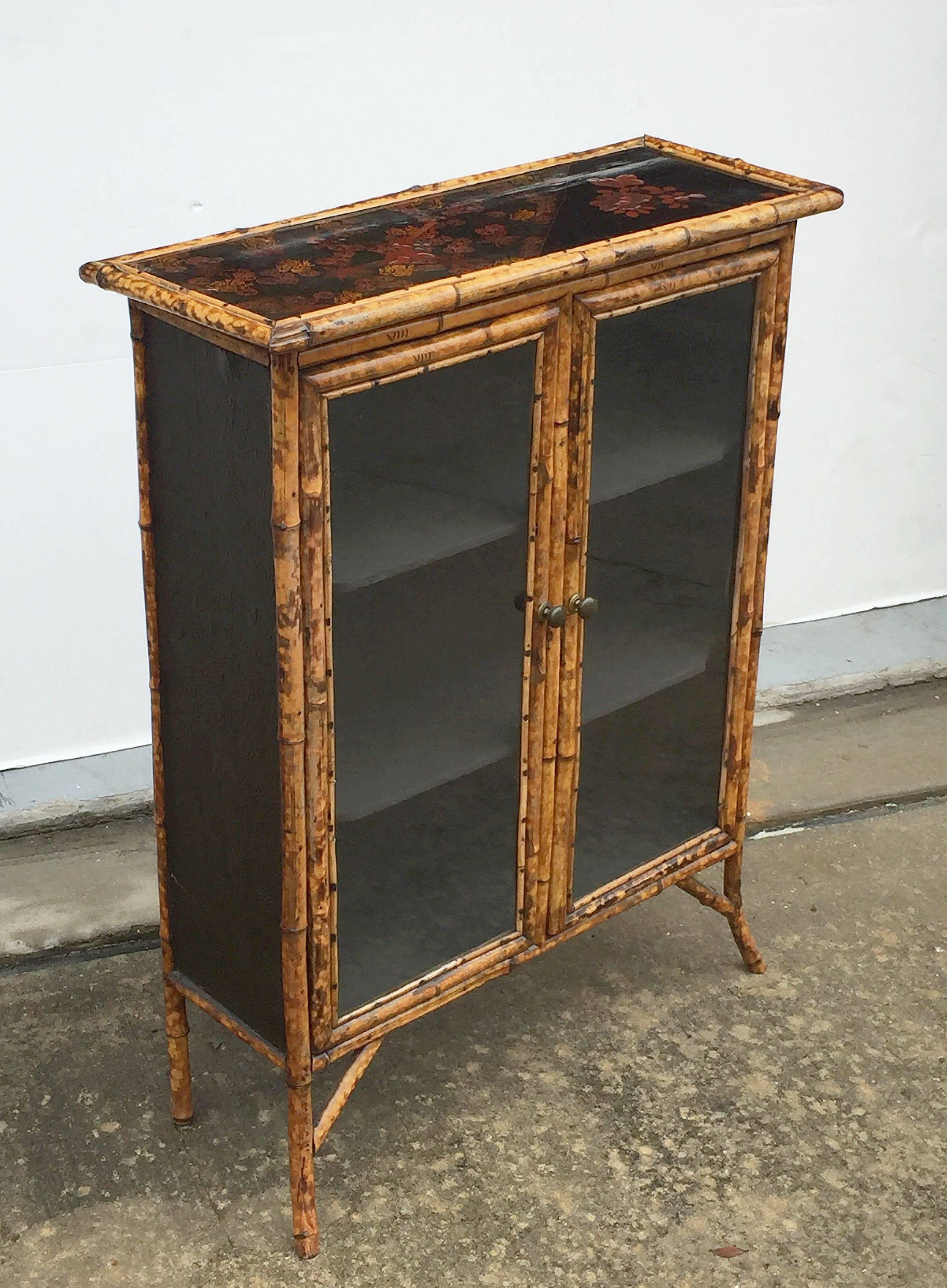 English Bamboo and Lacquer Cabinet Bookcase with Two Glass Doors 2
