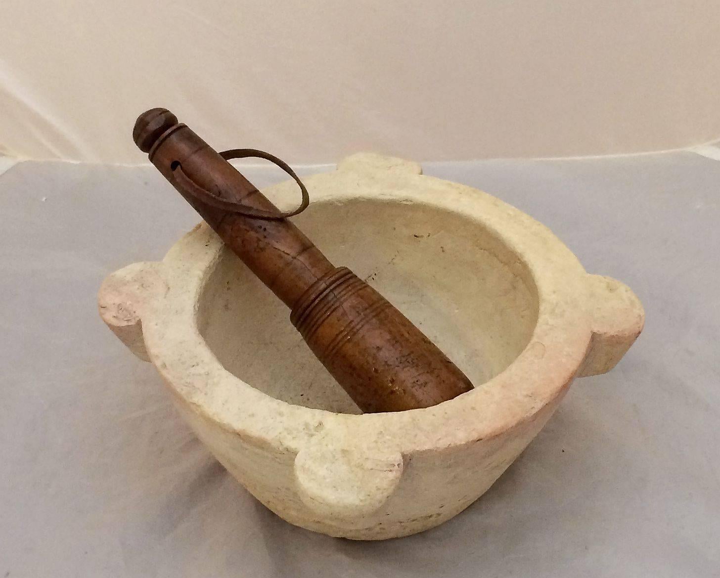French Stone Mortar with Fruitwood Pestle from the 19th Century In Excellent Condition In Austin, TX