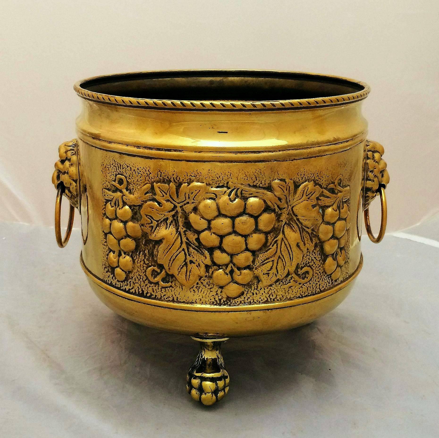 A handsome French jardiniere or planter of brass, featuring a rolled top edge with a repoussé design of grapes and grape leaves around the circumference, with two opposing lion's head ring handles, and resting on three ball-and-claw feet.