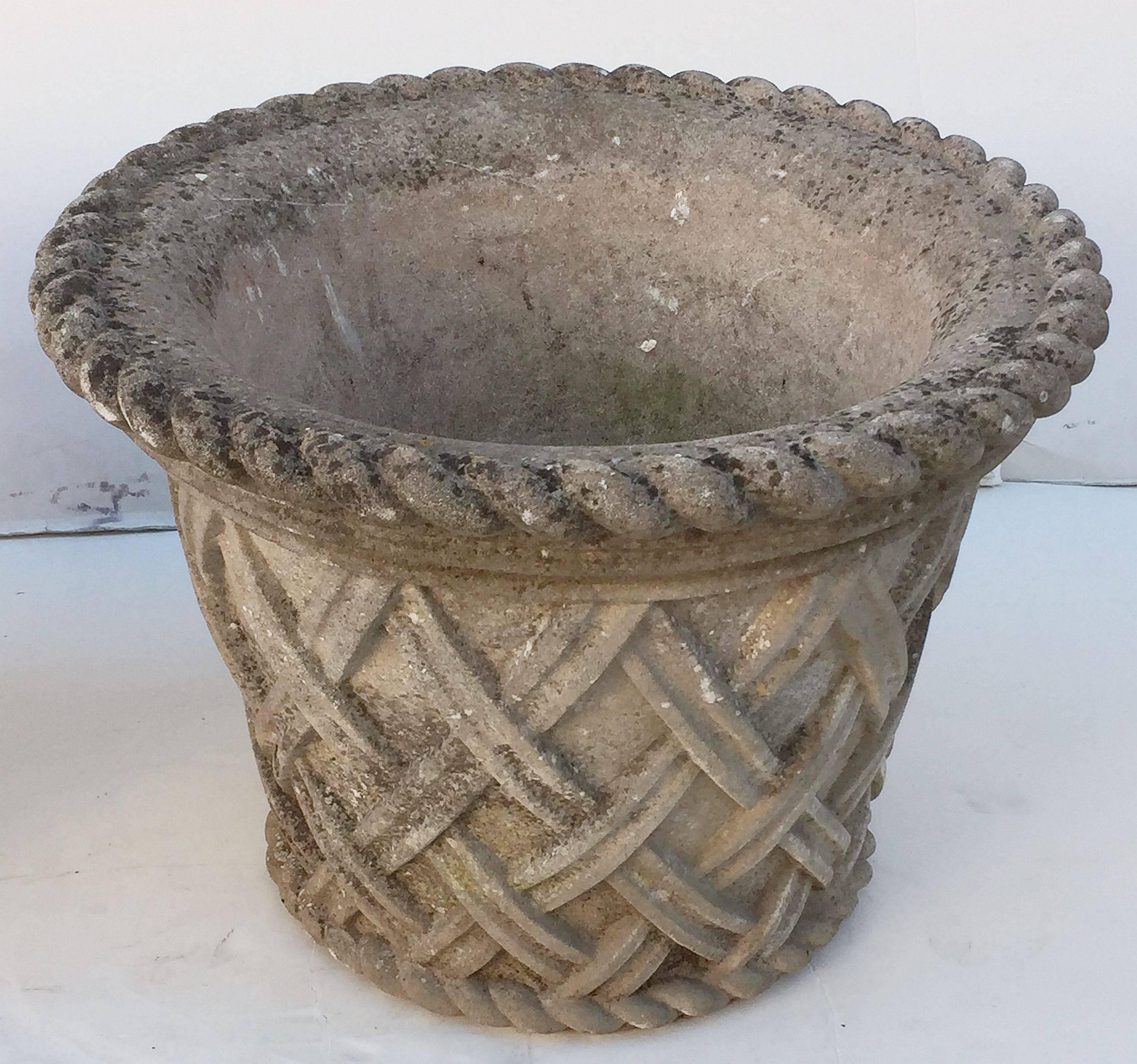 20th Century Large English Garden Stone Strapwork or Lattice Planters