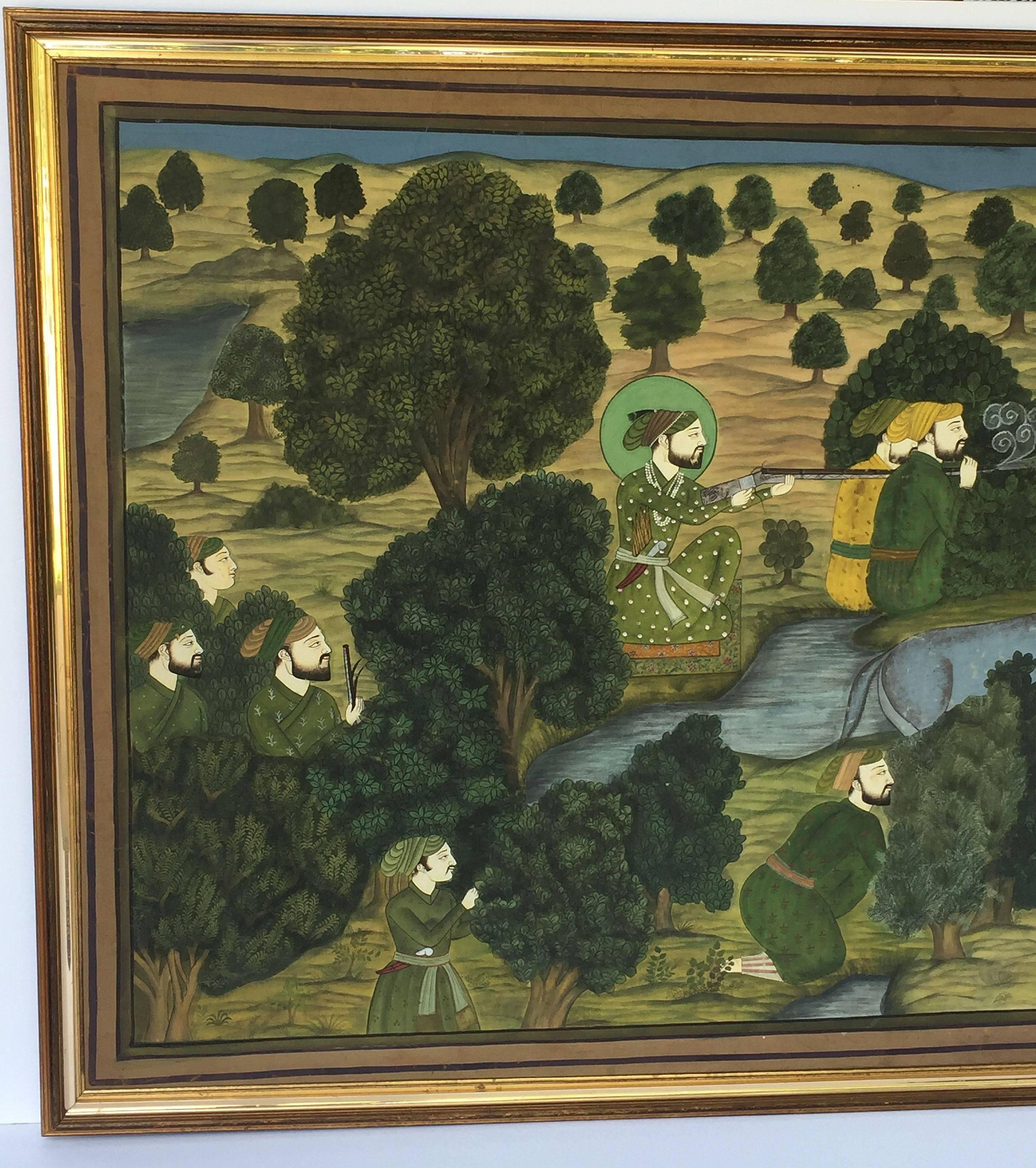 Indian Large Painting of a Hunt Scene from British Colonial India (H 47 x W 72)
