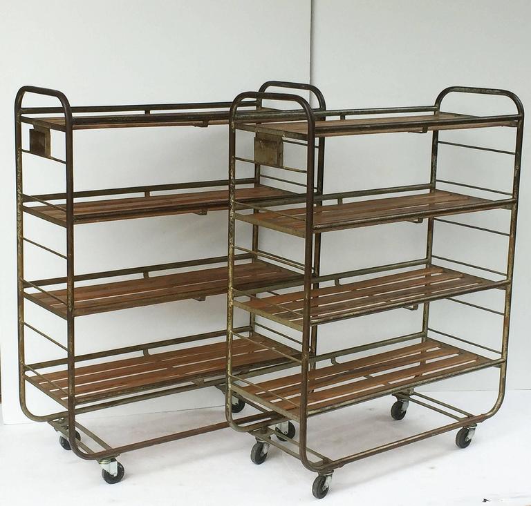 French Industrial Rolling Racks of Steel and Wood, Two Available For