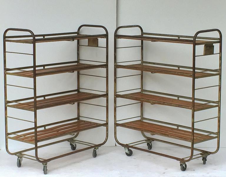 French Industrial Rolling Racks of Steel and Wood, Two Available For