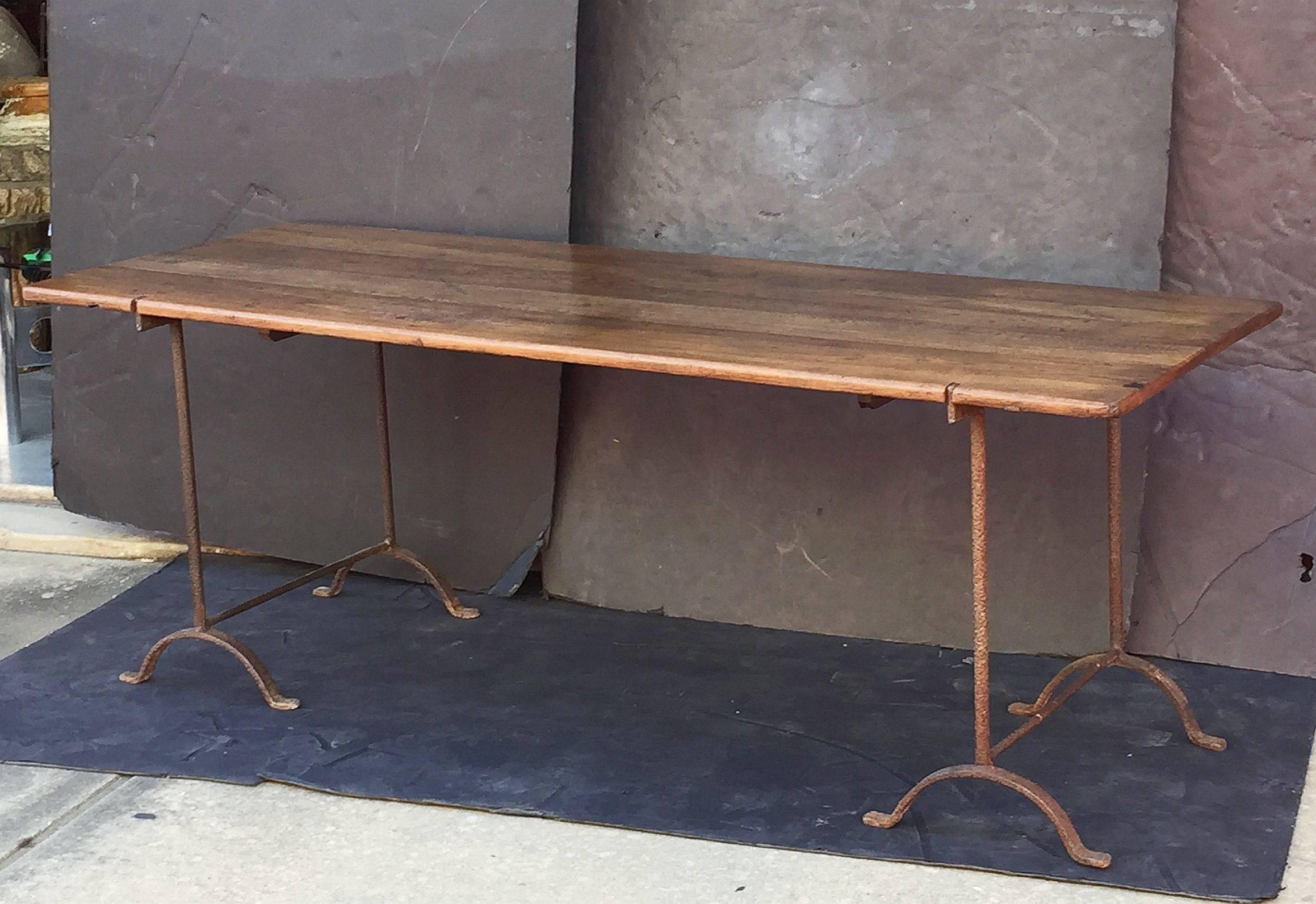19th Century Large English Trestle Table with Iron Supports