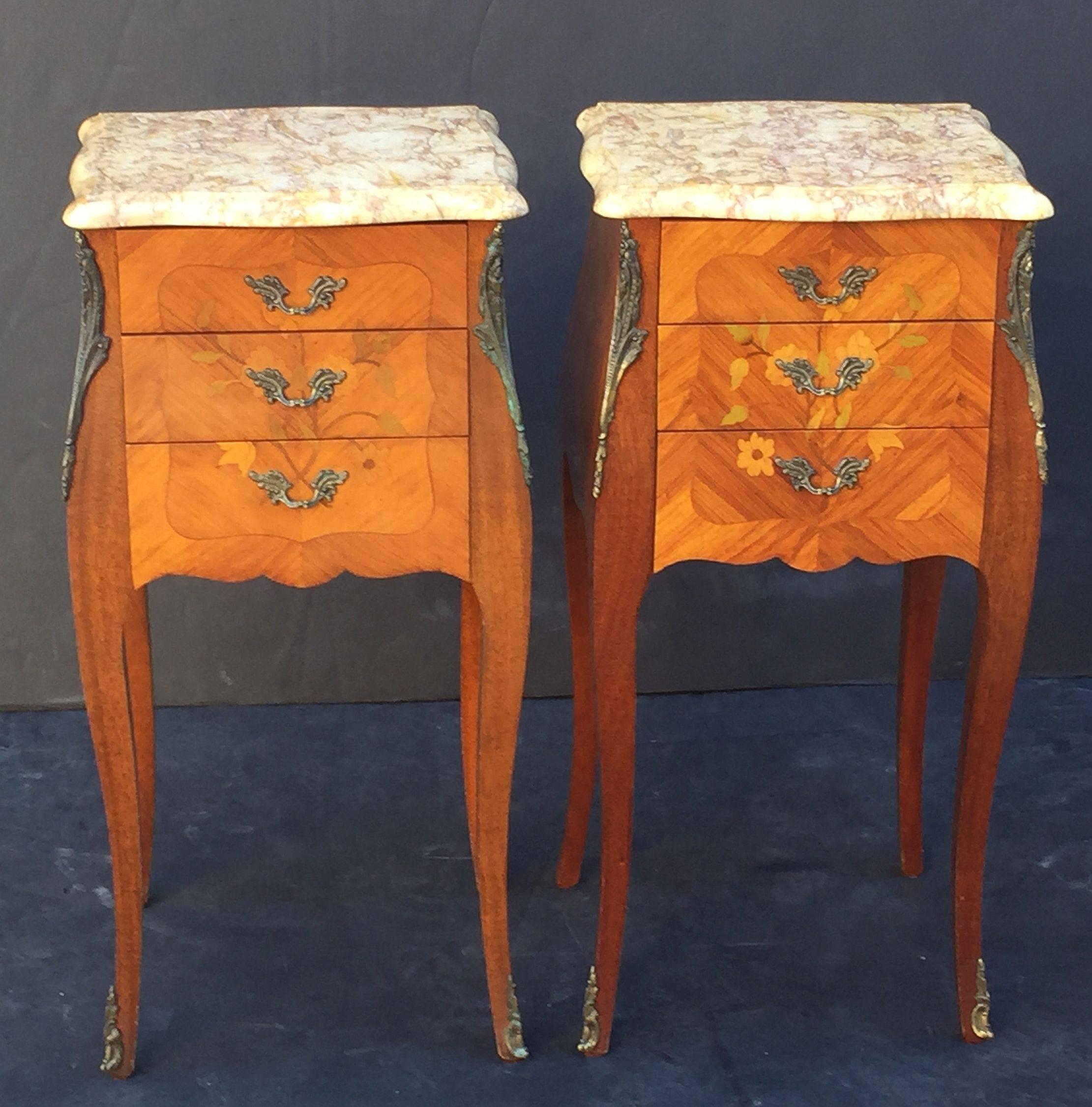 Inlay Pair of French Inlaid Nightstands or Bedside Tables