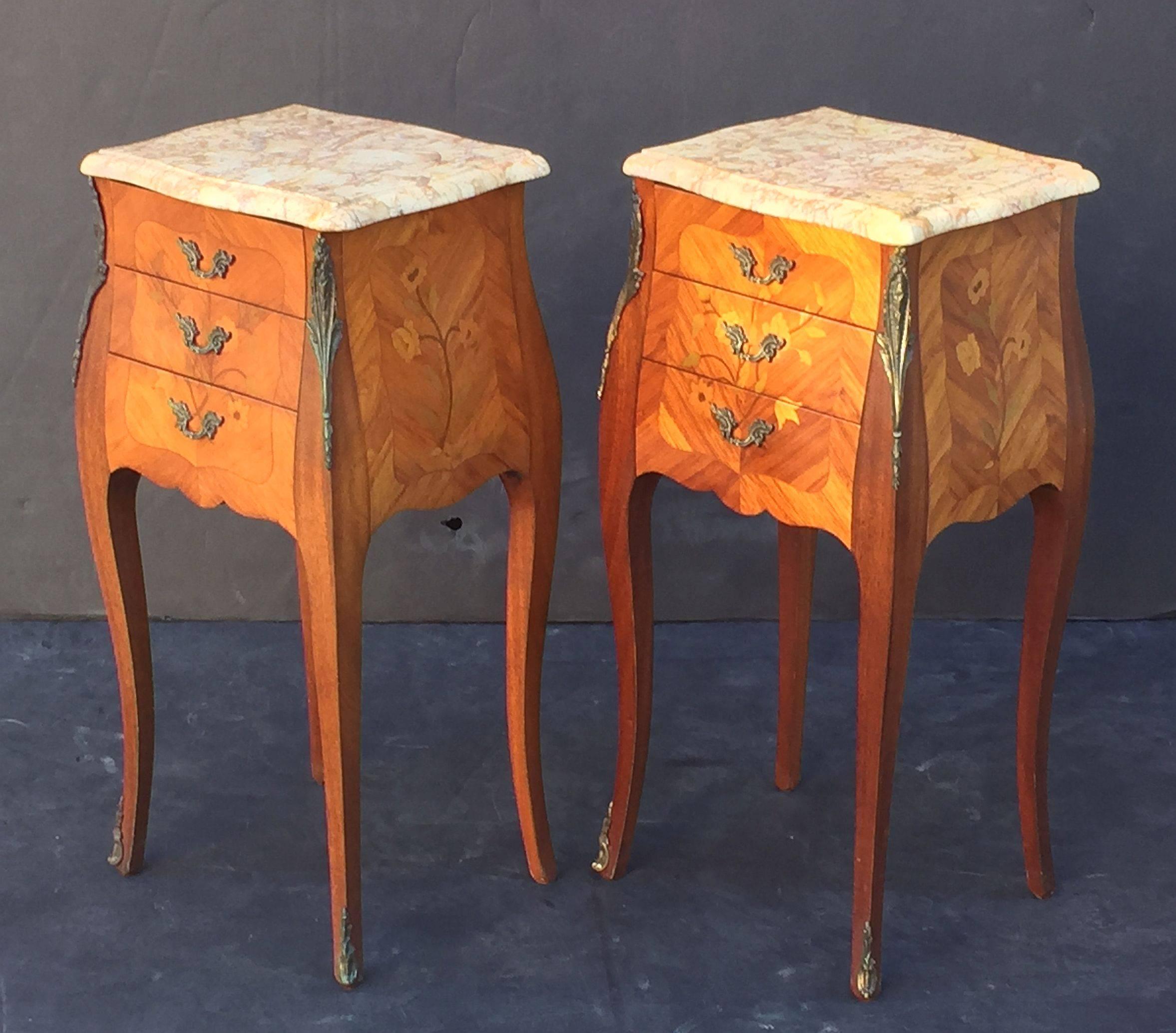 Pair of French Inlaid Nightstands or Bedside Tables In Good Condition In Austin, TX