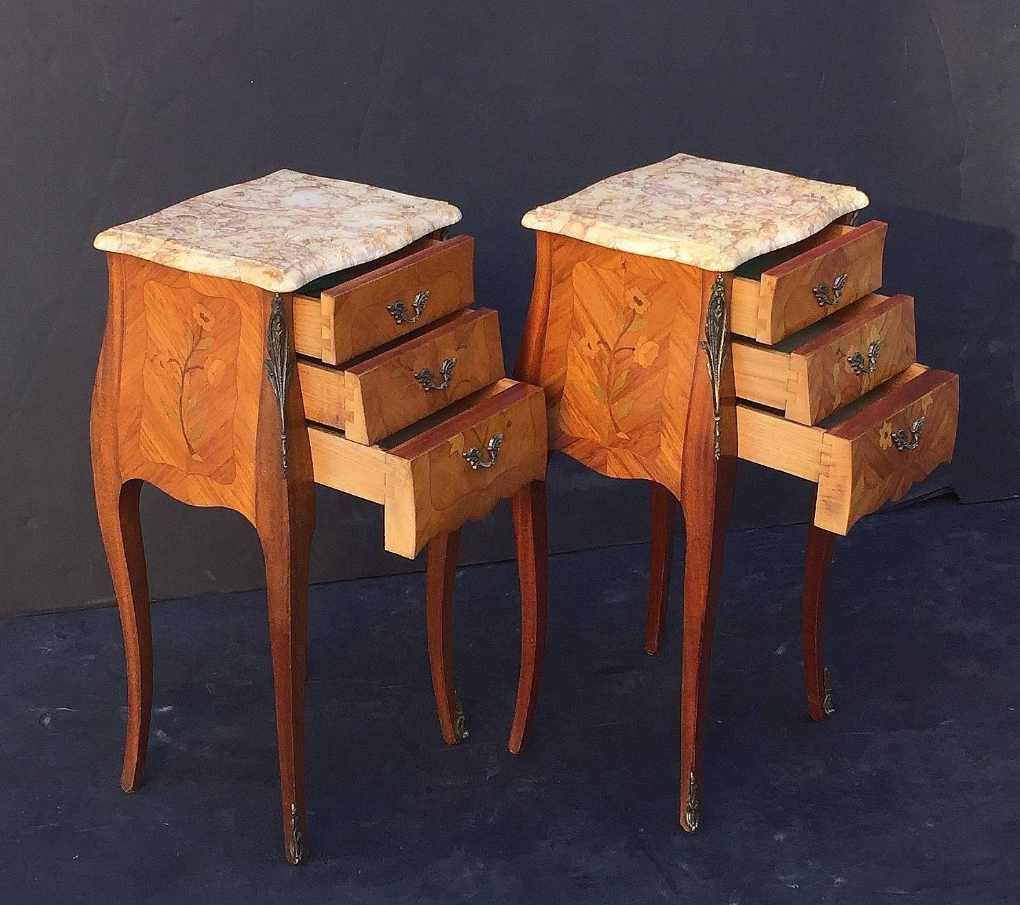 Pair of French Inlaid Nightstands or Bedside Tables 1