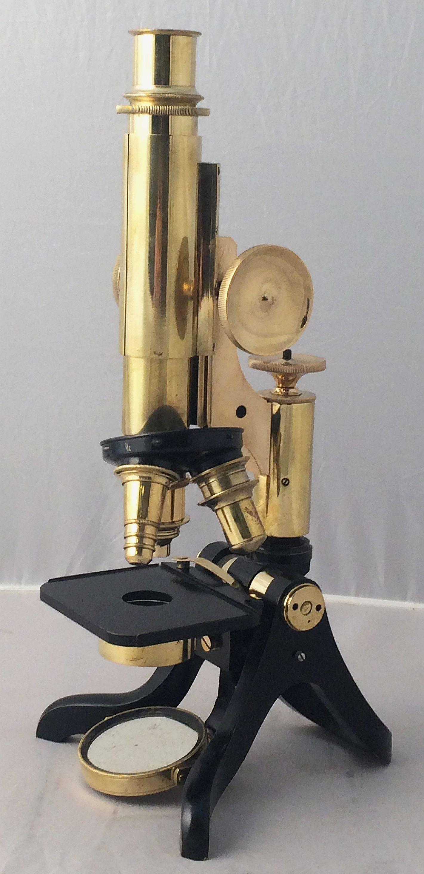 A fine working English compound microscope by Henry Crouch of London, circa 1880

Marked No. 4016 on base.

With fitted box of mahogany with brass hardware and key.

Diamond-shaped brass escutcheon reads: W.R. Prior, Eagle St, London

With removable