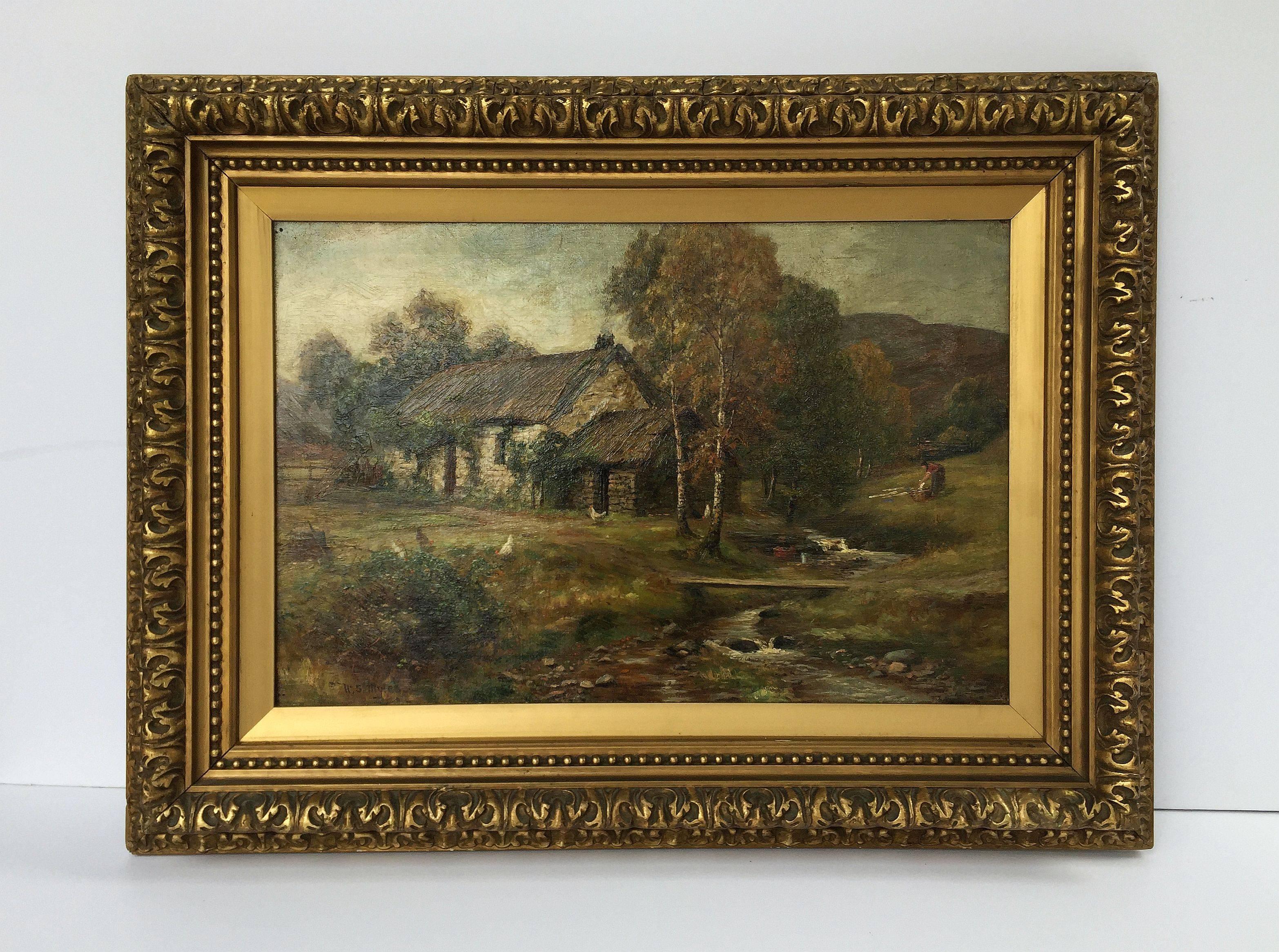 A handsome landscape oil painting on canvas in gilt frame by the British painter, W.S. Myles (William Scott Myles, circa 1850-1911), featuring a scene of a thatched roof stone cottage by a stream.

Signed (bottom left corner): WS Myles

Canvas