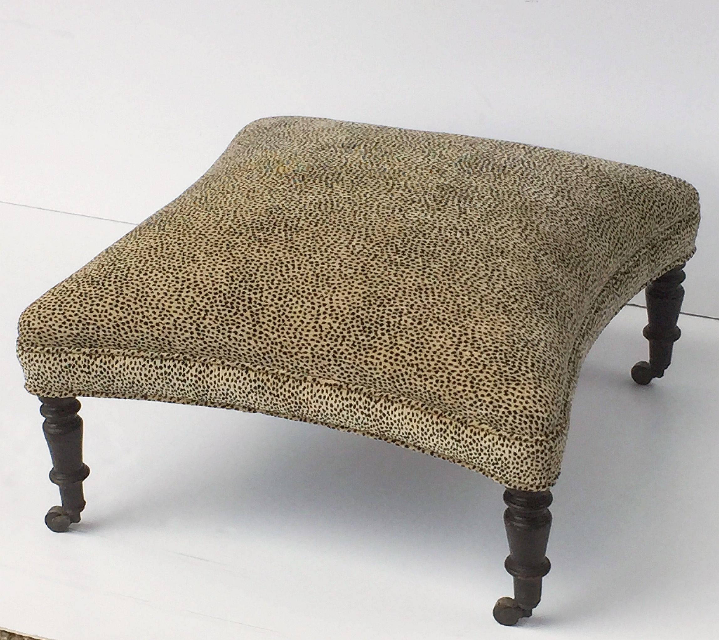 Brass English Upholstered Ottoman on Turned Legs
