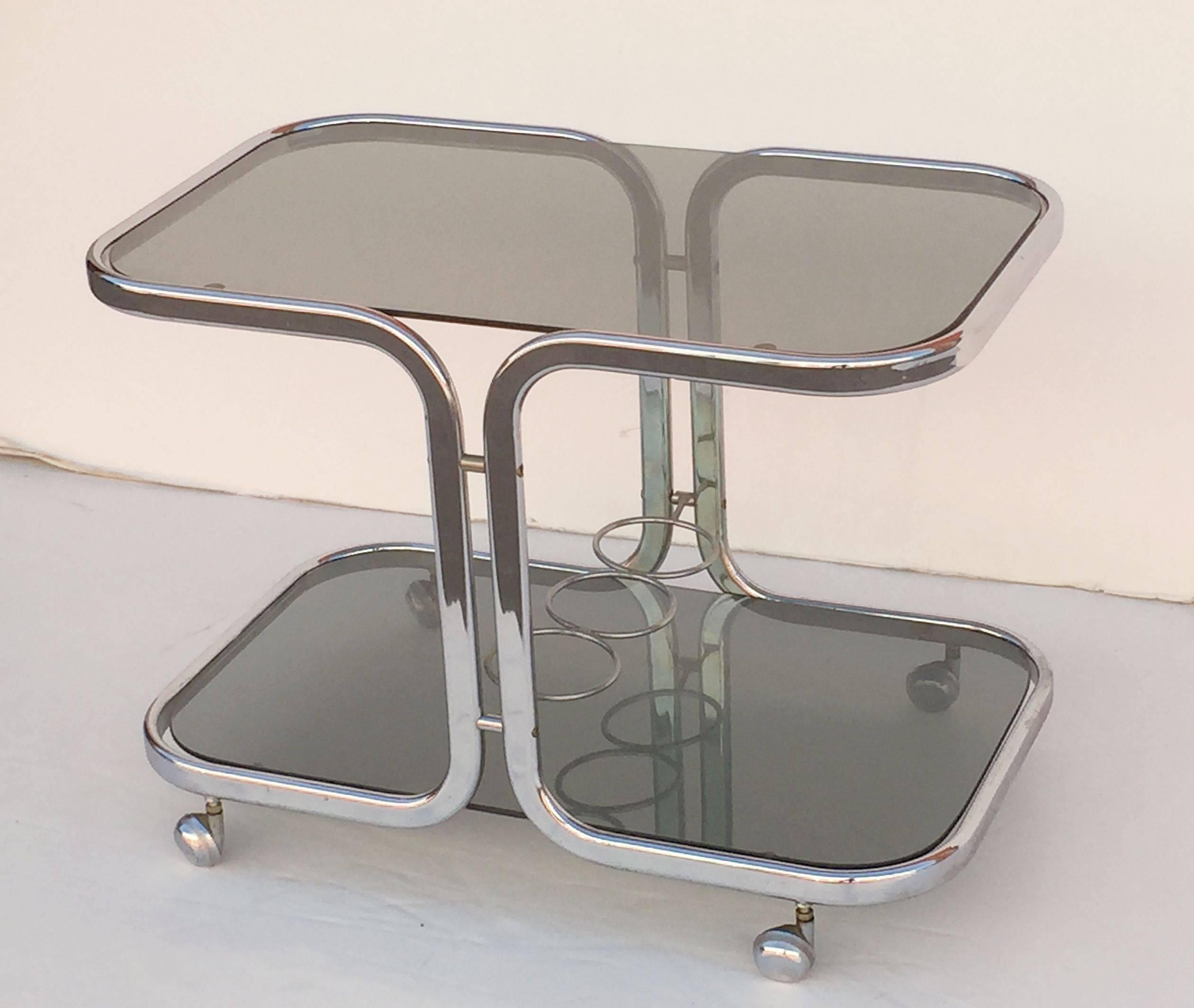 French Chrome Drinks Cart with Smoked Glass In Excellent Condition In Austin, TX